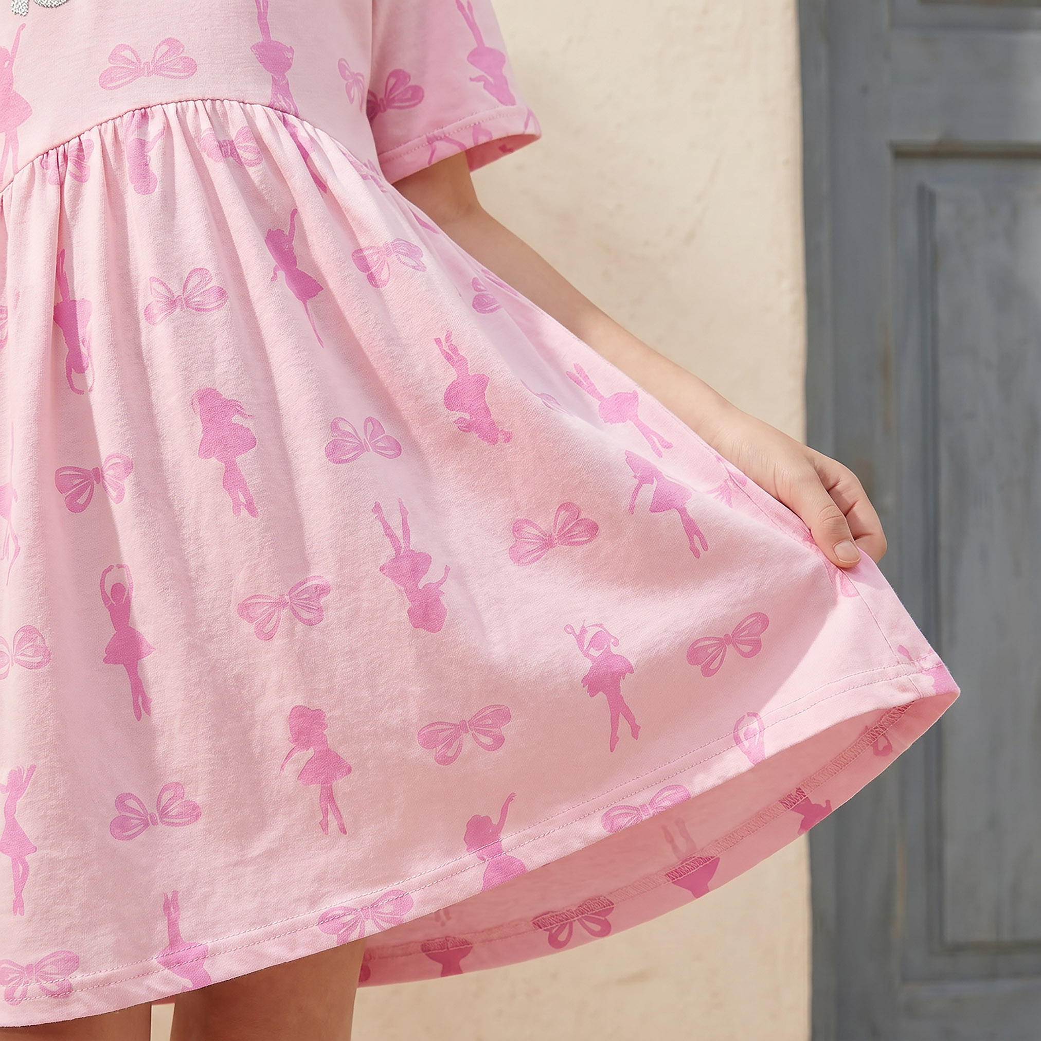 Round Neck Short Sleeves Knee Length Dress with Barbie Print-girls-clothing-dressesandjumpsuits-image-4