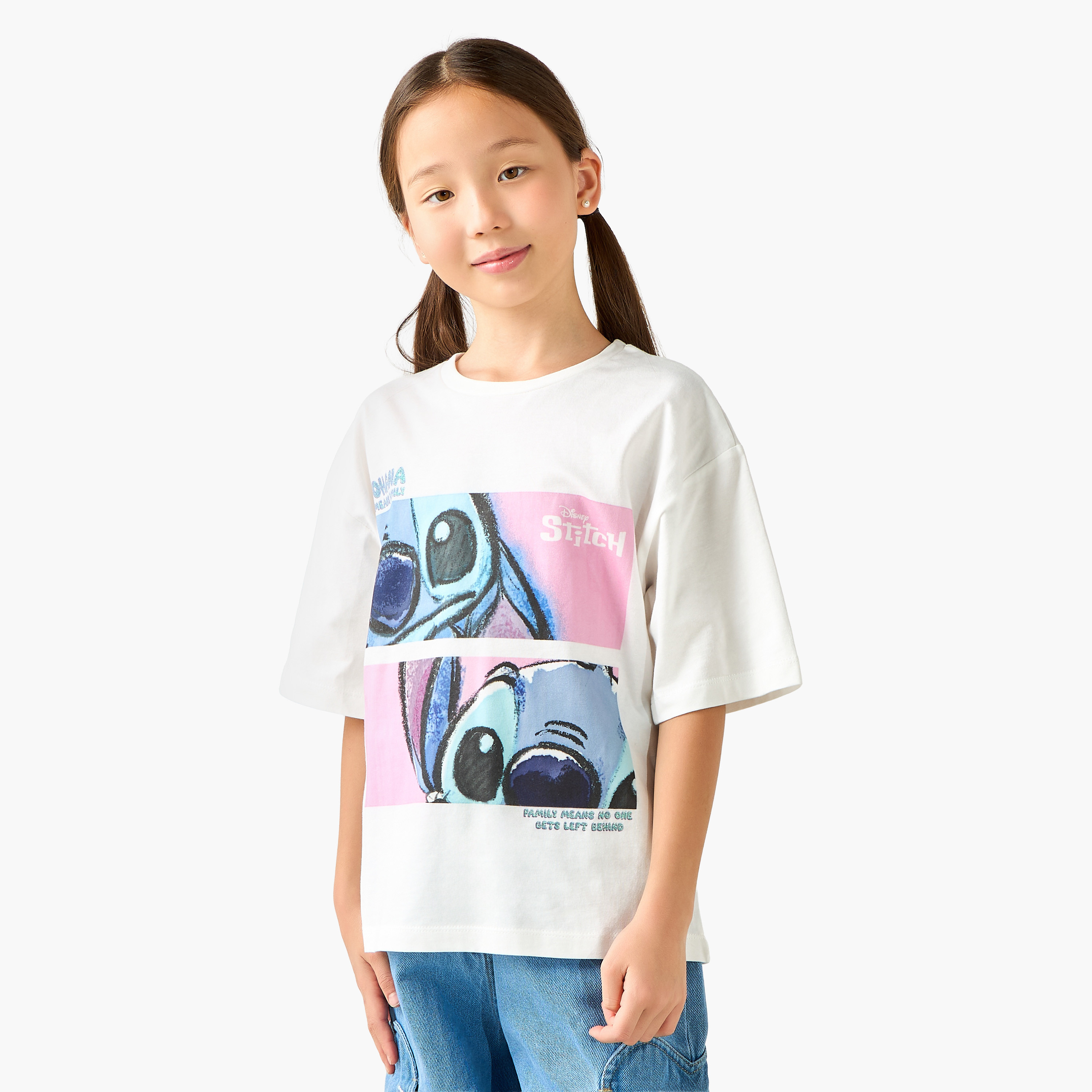 Disney Crew Neck Short Sleeves T-shirt with Stitch Print-girls-clothing-tshirts-image-1