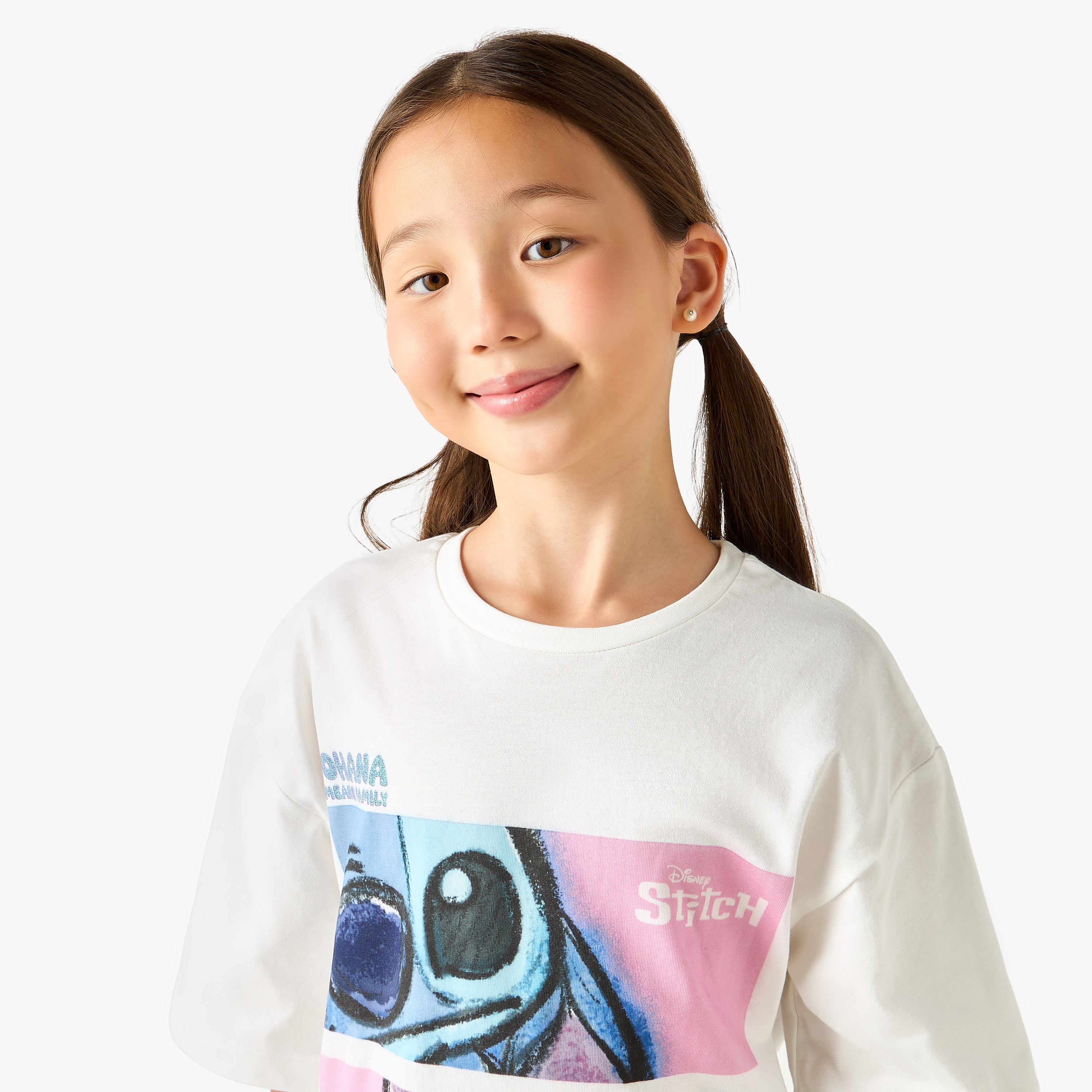 Disney Crew Neck Short Sleeves T-shirt with Stitch Print-girls-clothing-tshirts-image-4