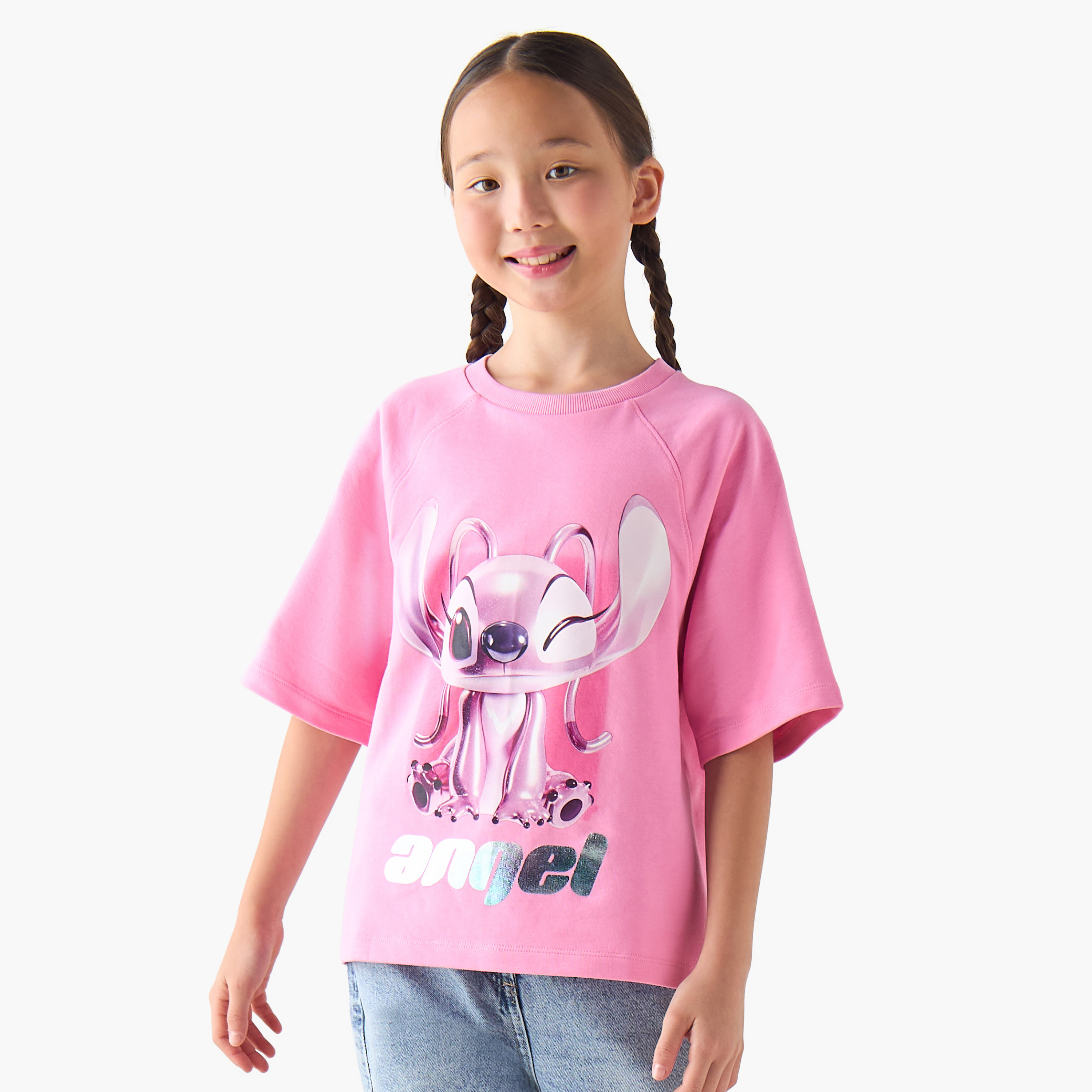 Disney Crew Neck Short Raglan Sleeves T-shirt with Angel Foil Print-girls-clothing-tshirts-image-1