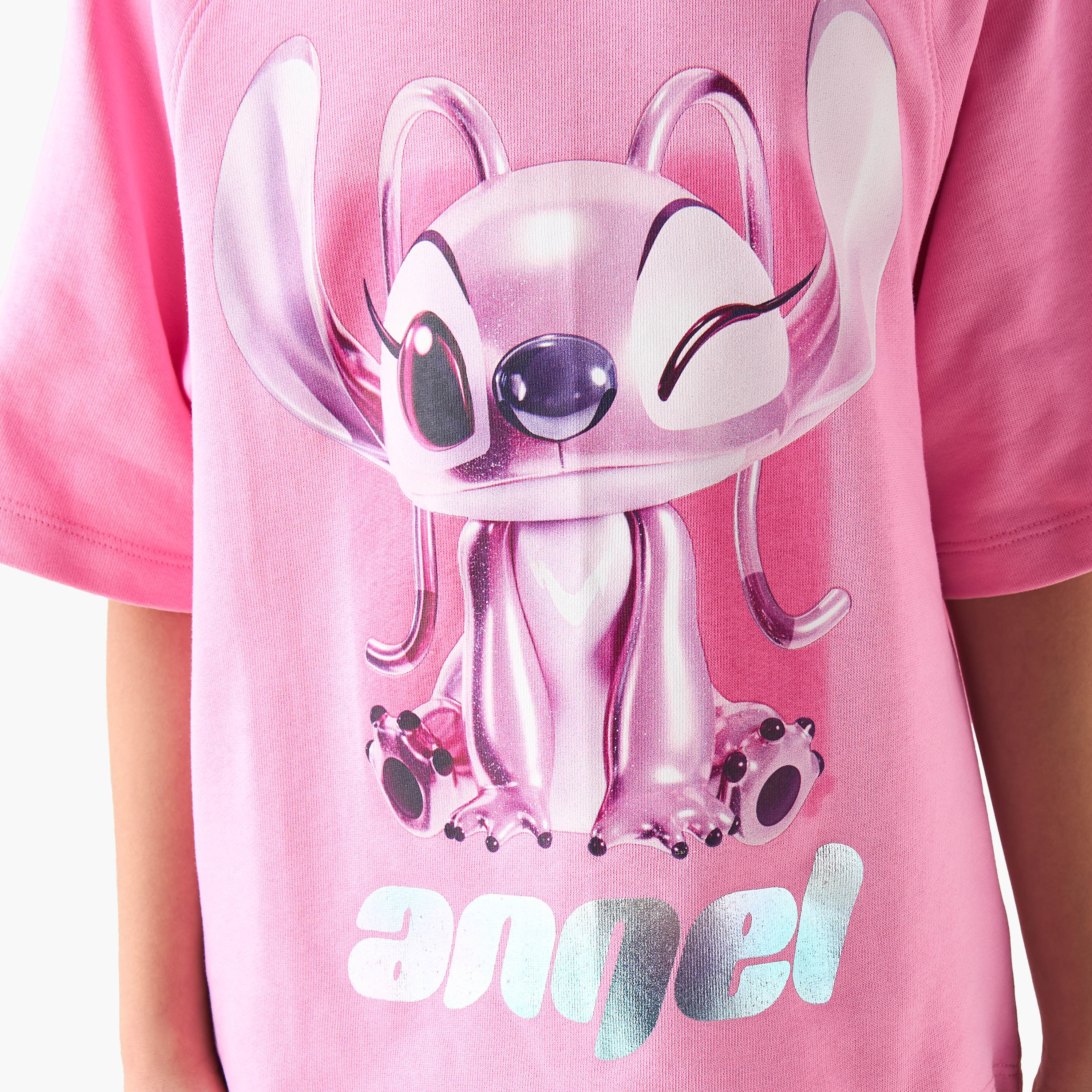 Disney Crew Neck Short Raglan Sleeves T-shirt with Angel Foil Print-girls-clothing-tshirts-image-5