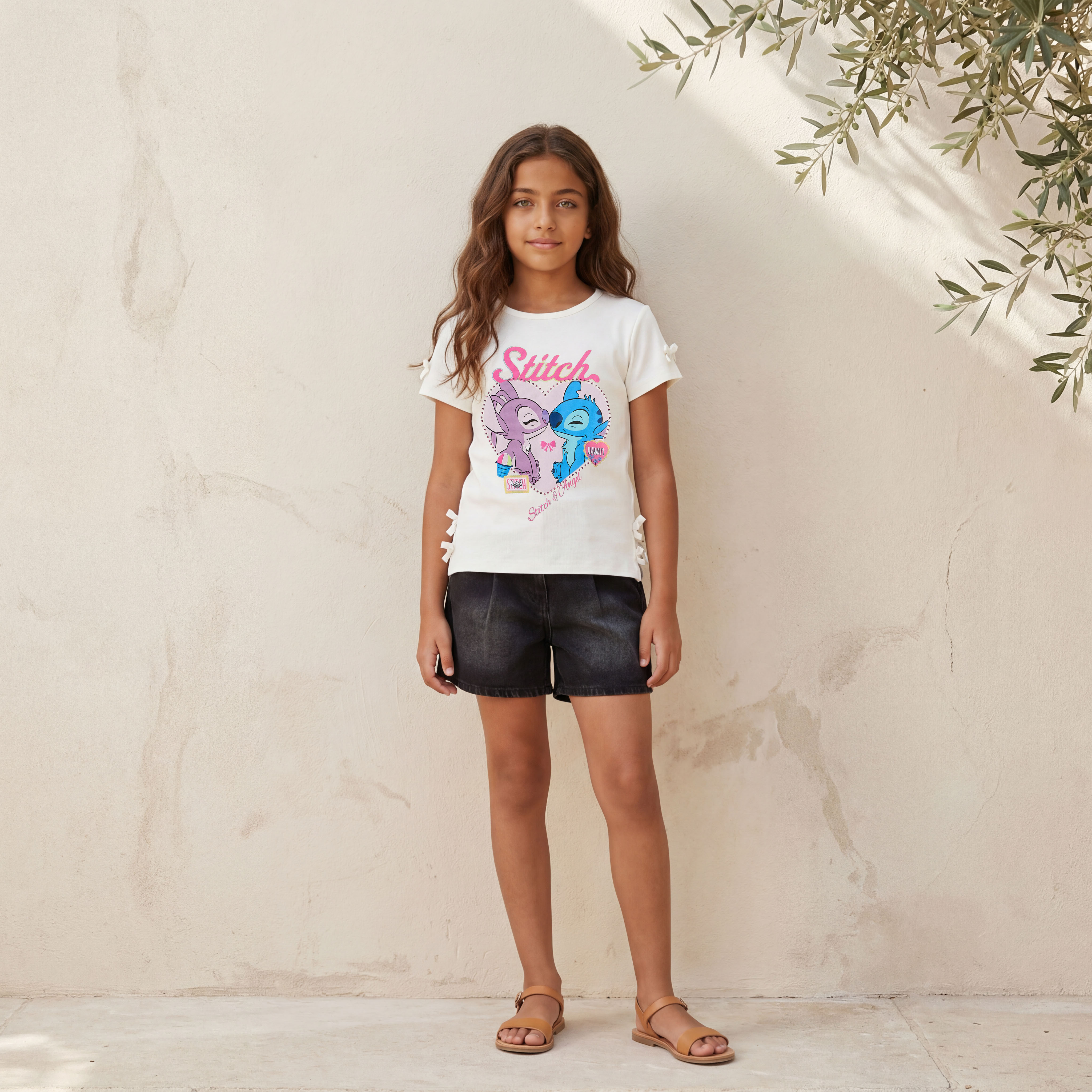 Disney Round Neck Short Sleeve T-shirt with Stitch and Angel Print-girls-clothing-tshirts-image-2
