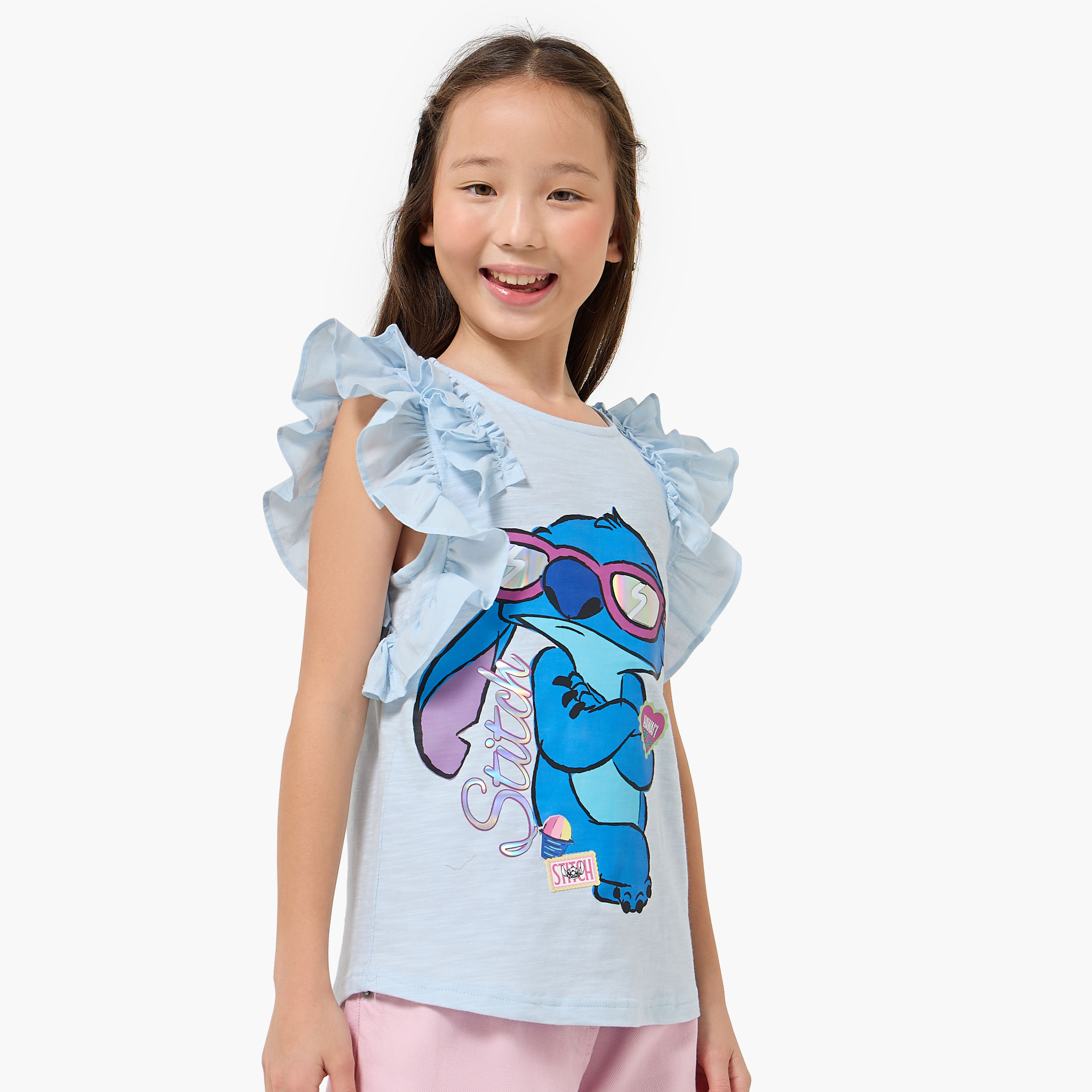 Disney Round Cap Sleeves T-shirt with Stitch Print-girls-clothing-tshirts-image-2