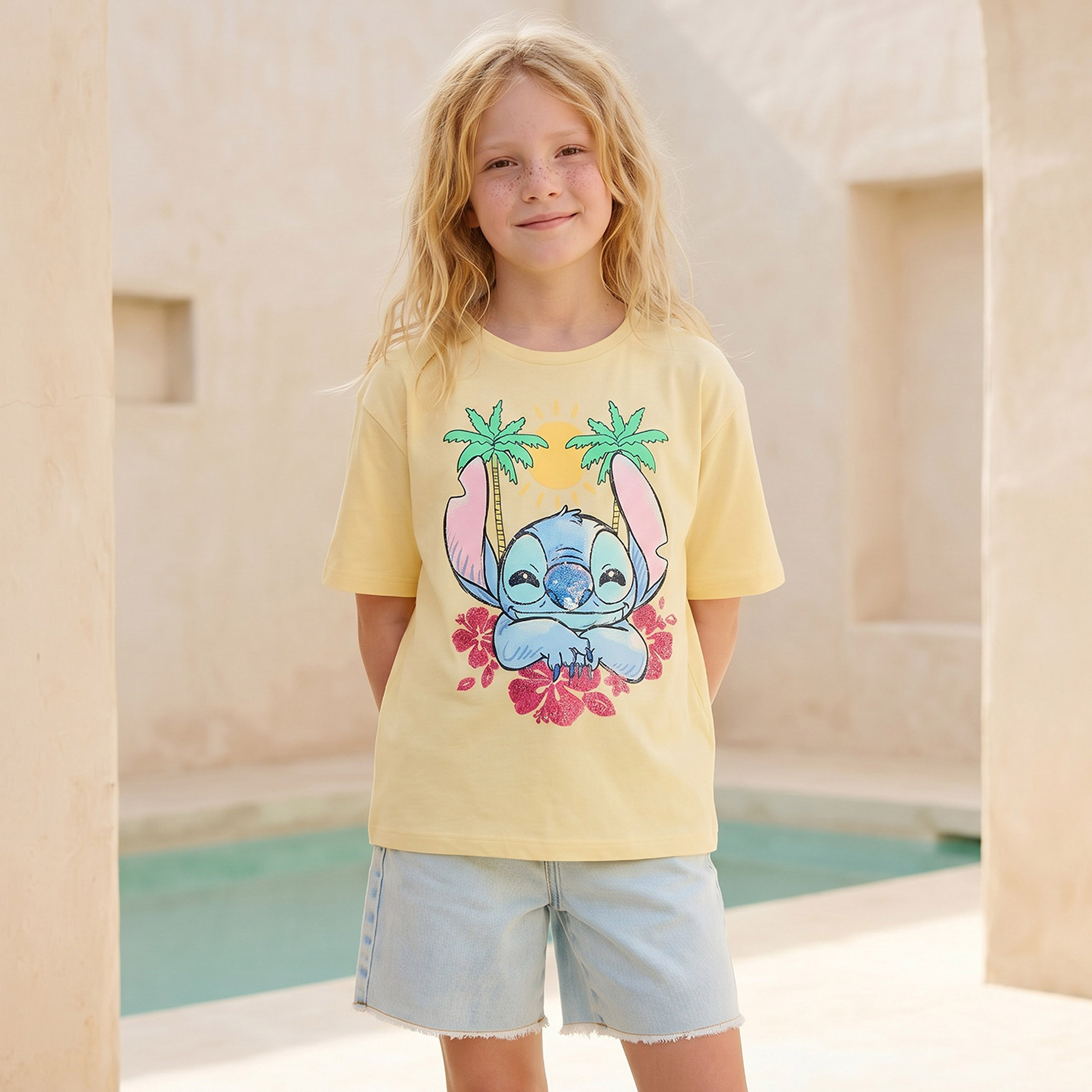 Disney Round Neck Short Sleeves T-shirt with Stitch Print-girls-clothing-tshirts-image-1