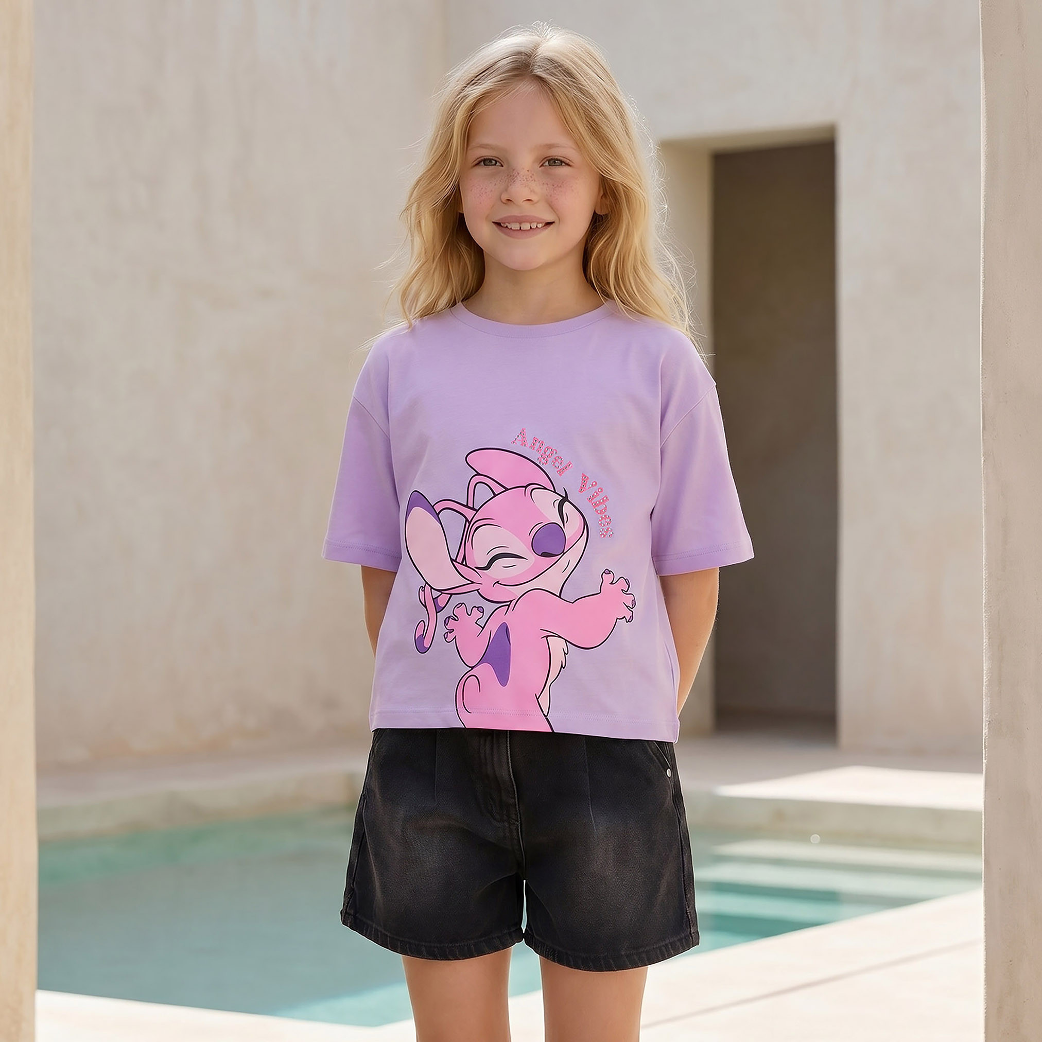 Disney Crew Neck Short Sleeves T-shirt with Angel Print-girls-clothing-tshirts-image-1