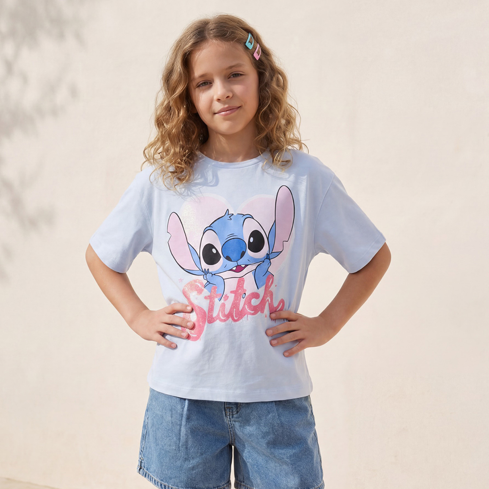 Disney Crew Neck Short Sleeves T-shirt with Stitch Print-girls-clothing-tshirts-image-1