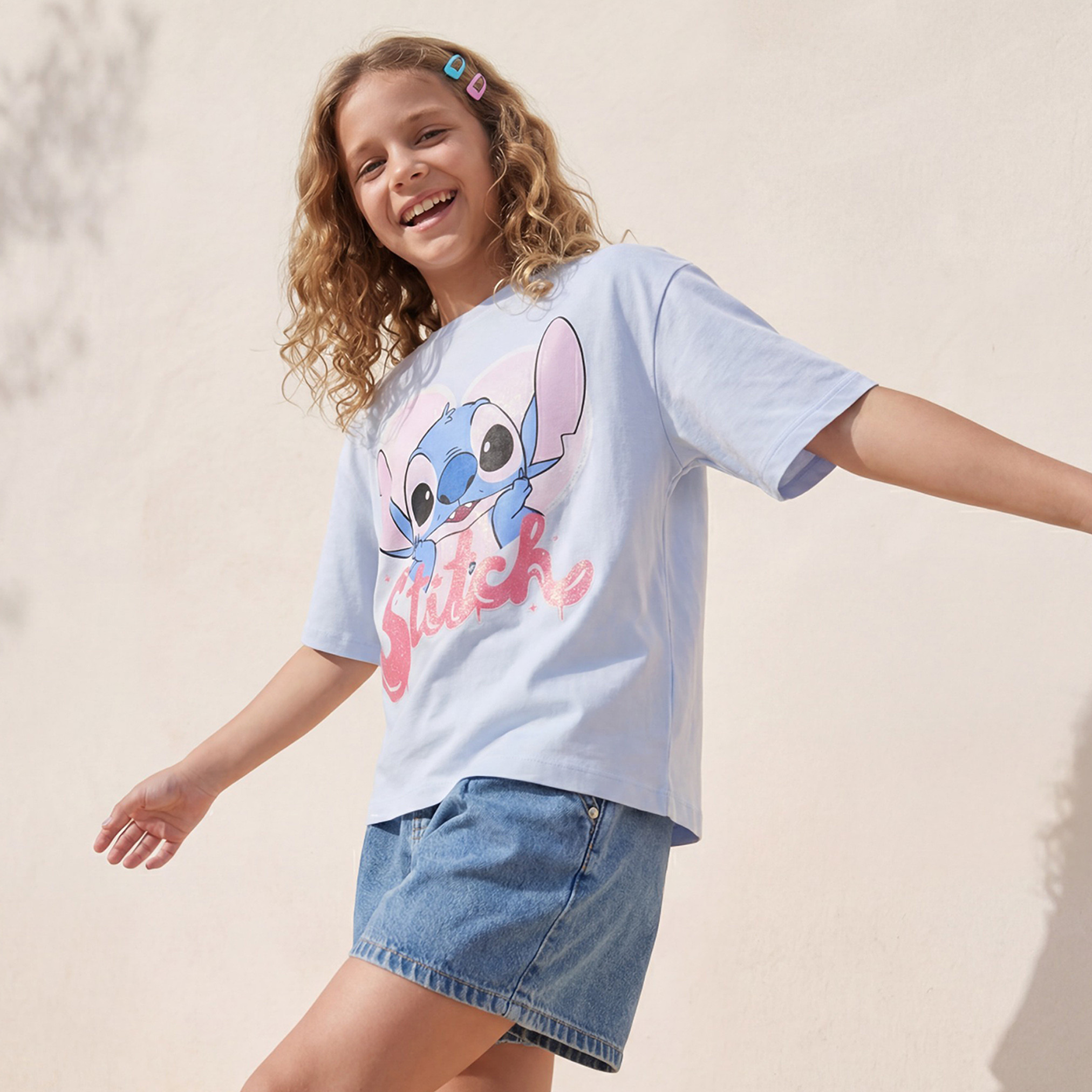 Disney Crew Neck Short Sleeves T-shirt with Stitch Print-girls-clothing-tshirts-image-2