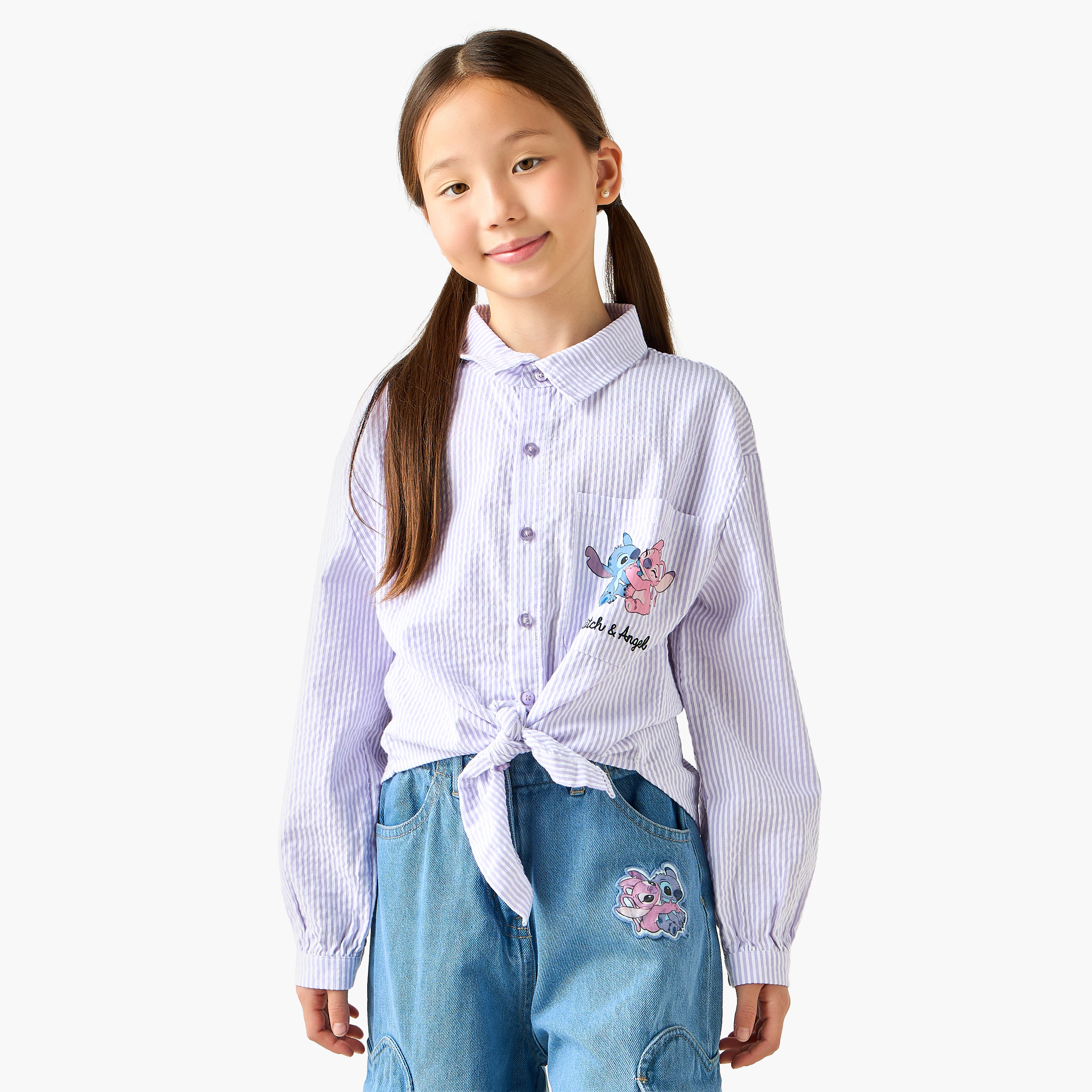 Disney Collared Long Sleeves Tie-Up Shirt with Stitch and Angel Print-girls-clothing-blousesandshirts-image-1