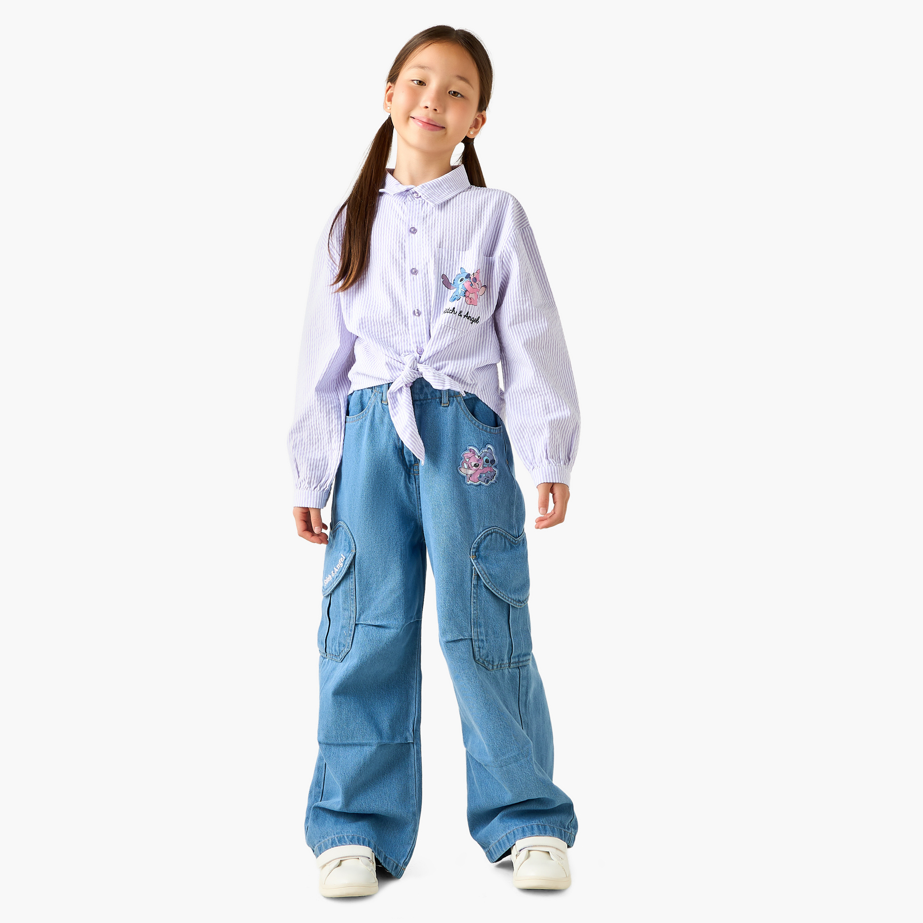 Disney Collared Long Sleeves Tie-Up Shirt with Stitch and Angel Print-girls-clothing-blousesandshirts-image-2