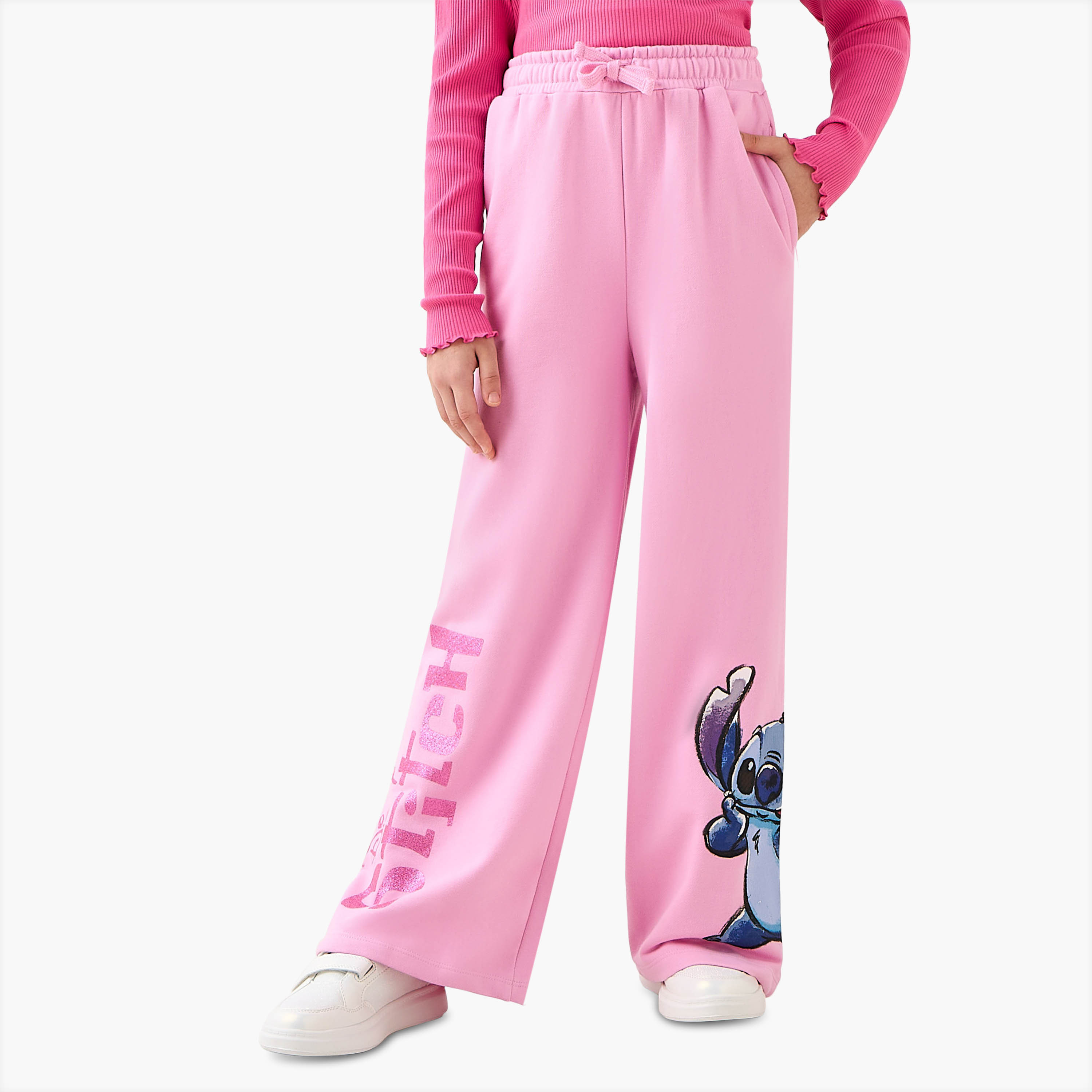 Disney Drawstring Waist Track Pants with Stitch Glitter Print-girls-clothing-bottoms-joggersandtrackpants-image-1