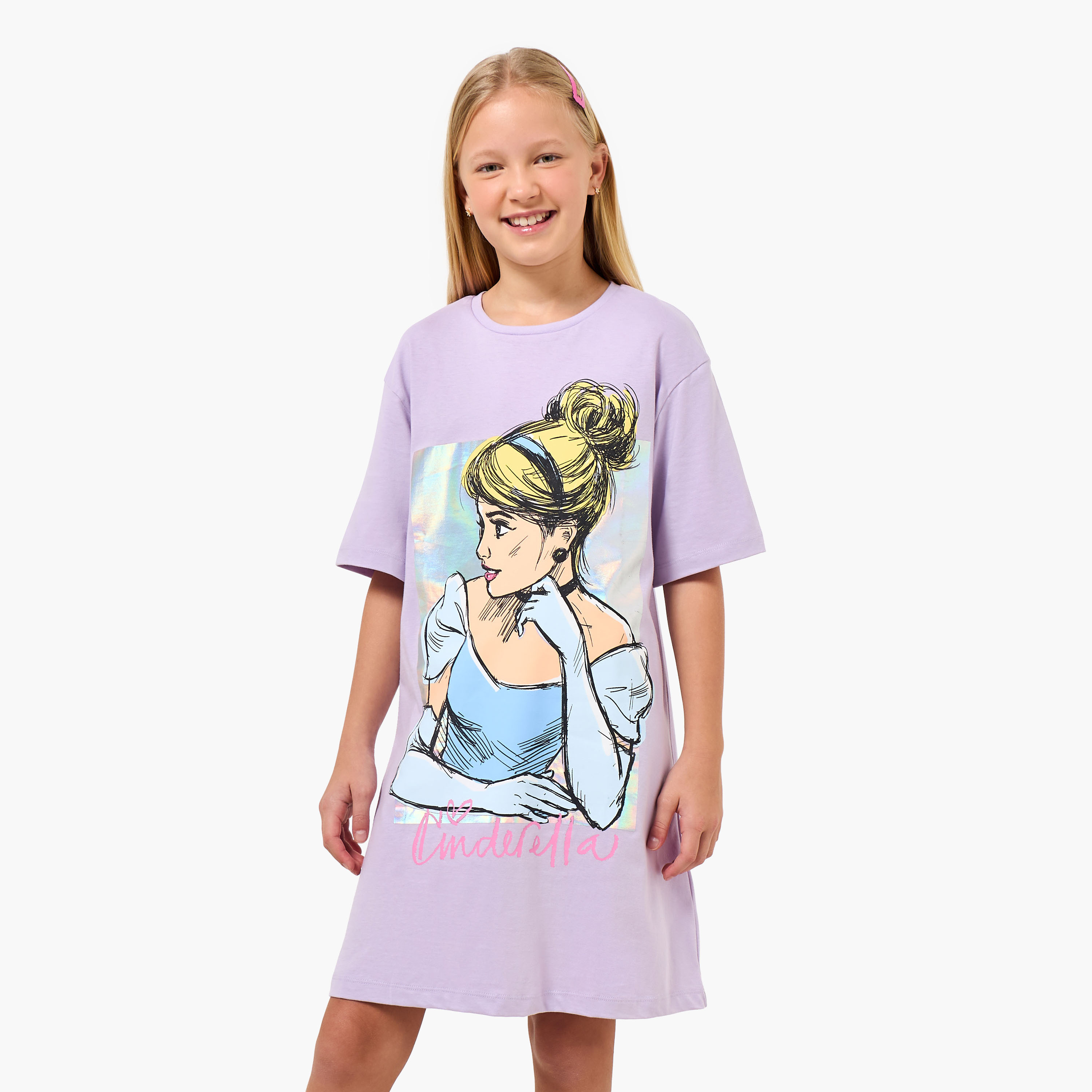 Disney Round Neck Short Sleeves Knee Length Shift Dress with Cinderella Print-girls-clothing-dressesandjumpsuits-image-1