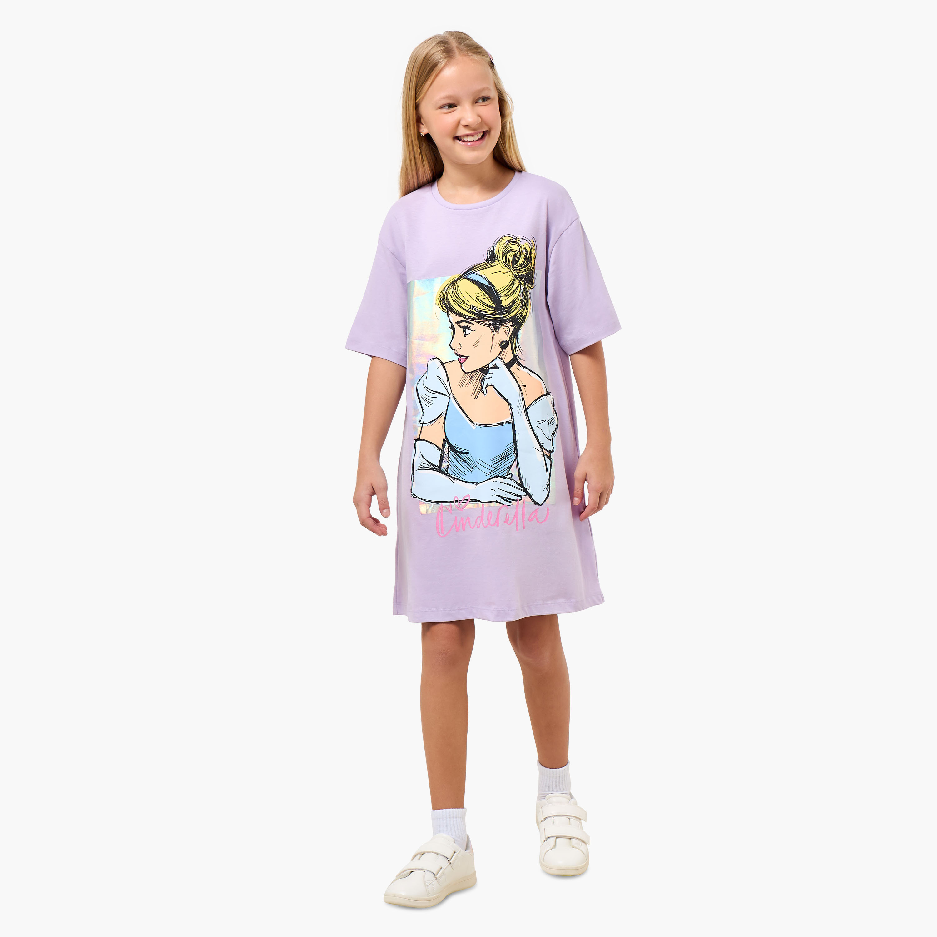 Disney Round Neck Short Sleeves Knee Length Shift Dress with Cinderella Print-girls-clothing-dressesandjumpsuits-image-2