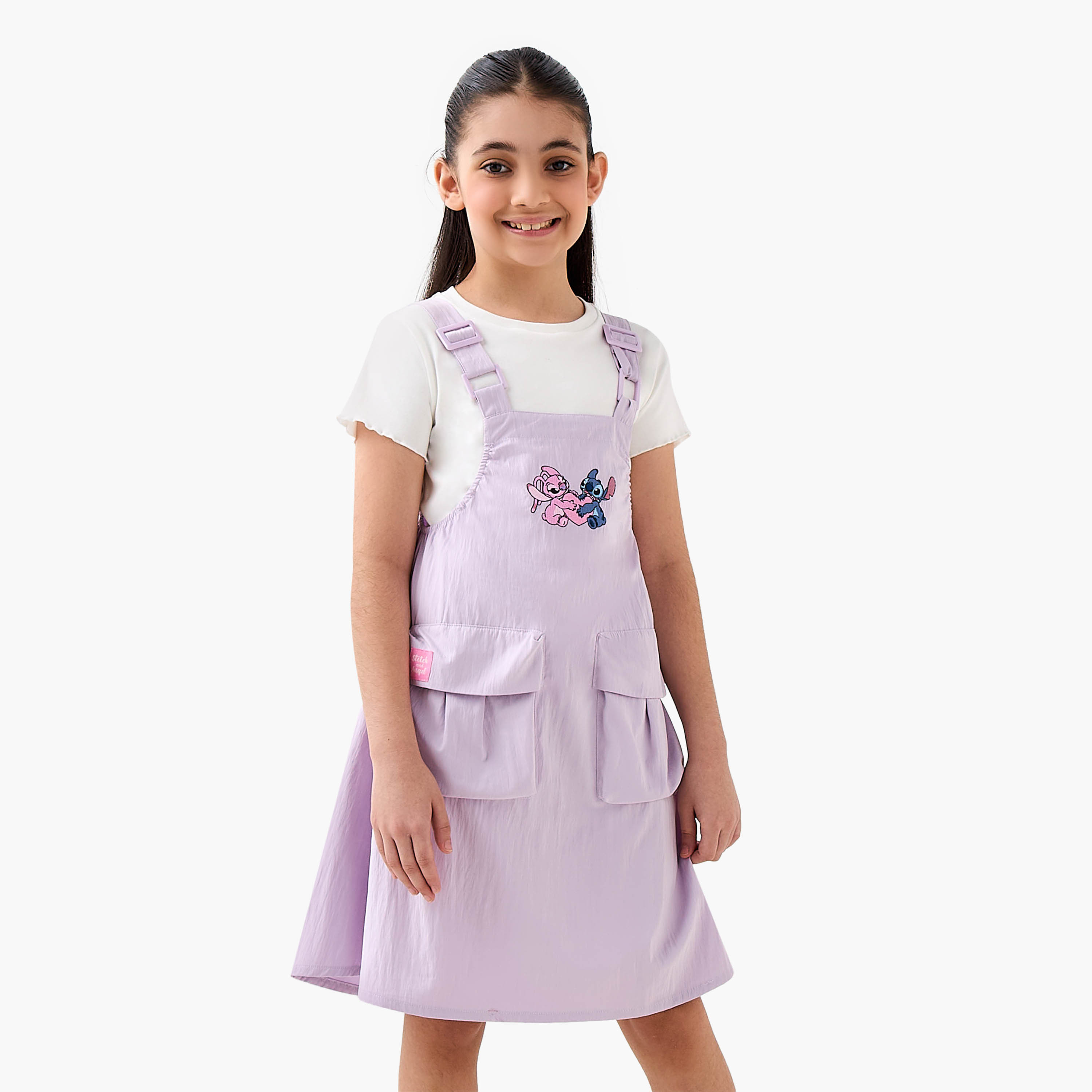 Disney Round Neck Short Sleeves Pinafore Dress Set with Stitch and Angel Embroidery-girls-clothing-dressesandjumpsuits-image-1