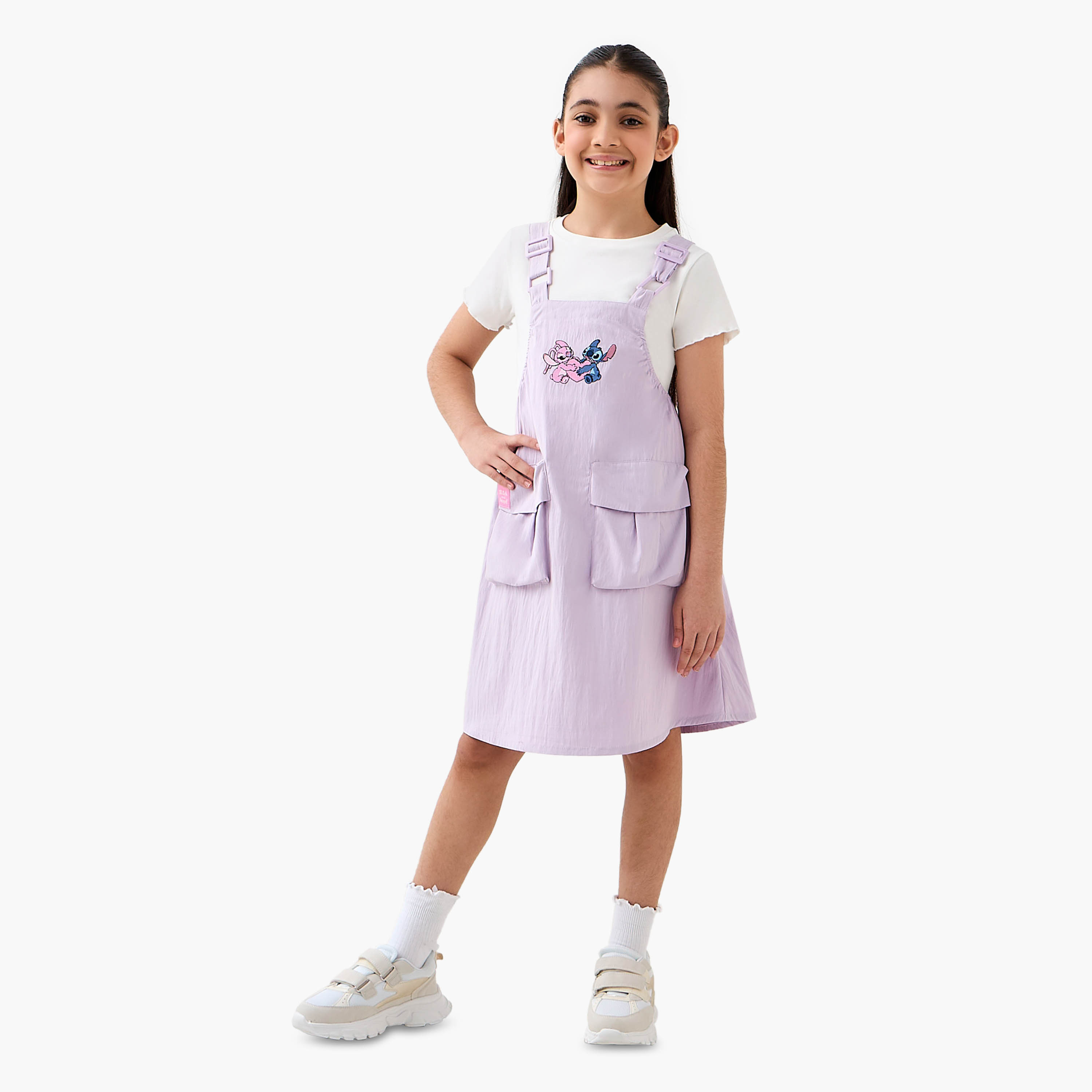 Disney Round Neck Short Sleeves Pinafore Dress Set with Stitch and Angel Embroidery-girls-clothing-dressesandjumpsuits-image-2