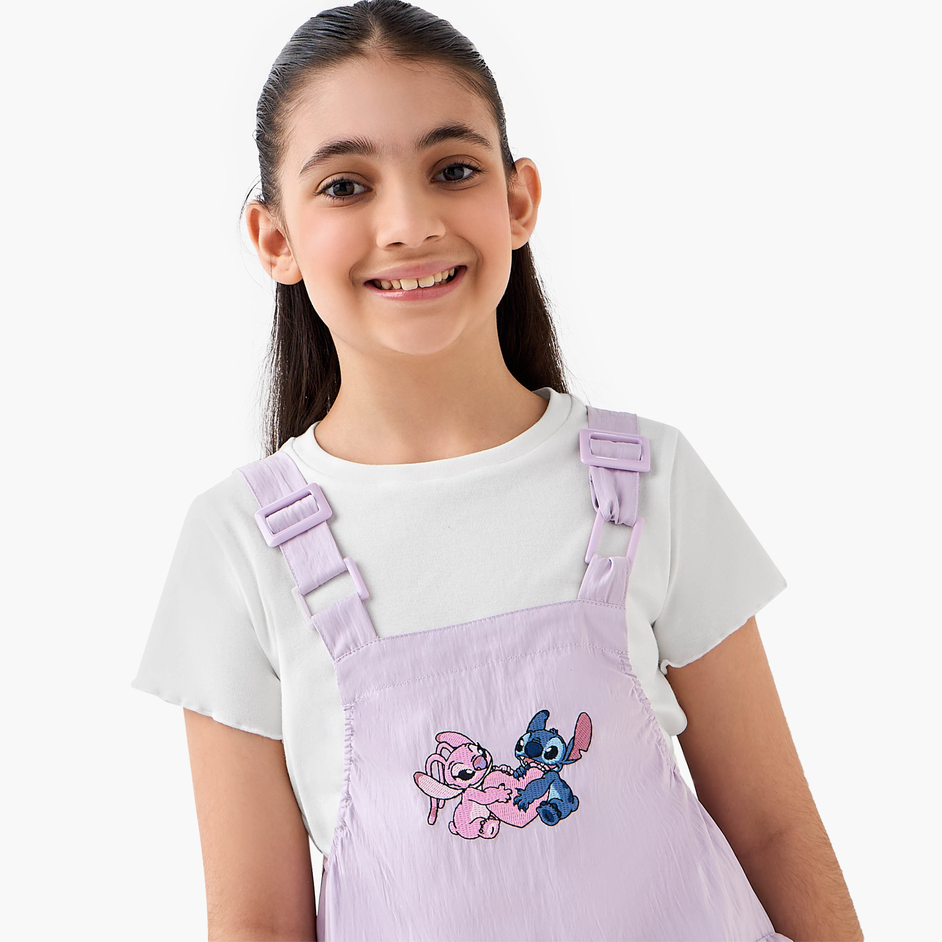 Disney Round Neck Short Sleeves Pinafore Dress Set with Stitch and Angel Embroidery-girls-clothing-dressesandjumpsuits-image-4