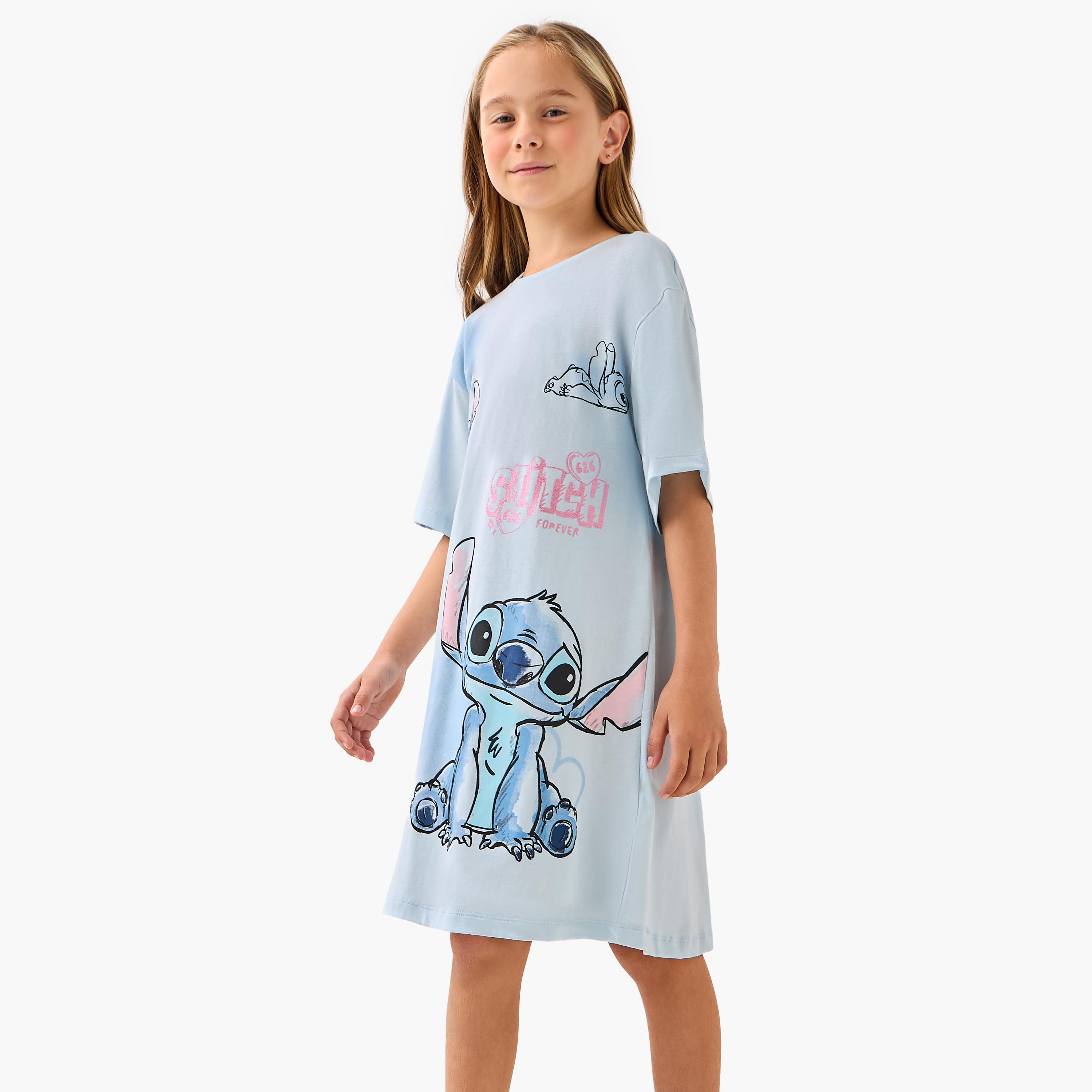 فستان تيشيرت بطبعات ستيتش وطول الركبة وأكمام قصيرة وياقة مستديرة من ديزني-girls-clothing-dressesandjumpsuits-image-5