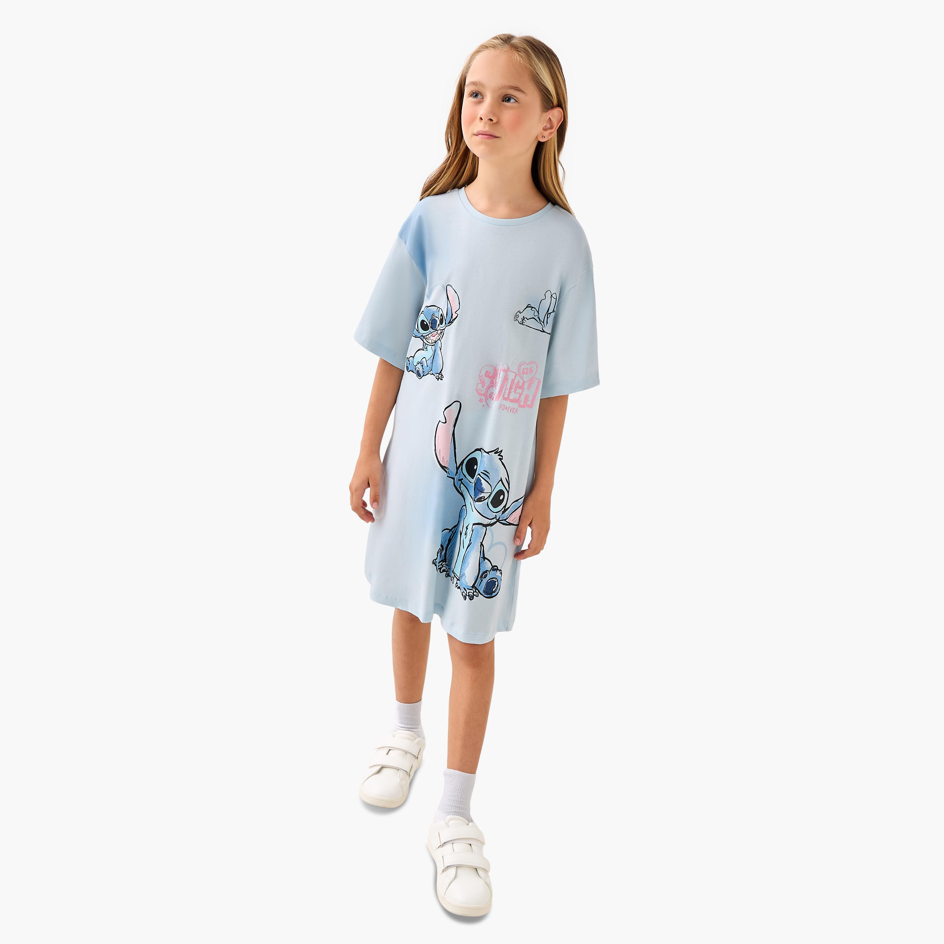 فستان تيشيرت بطبعات ستيتش وطول الركبة وأكمام قصيرة وياقة مستديرة من ديزني-girls-clothing-dressesandjumpsuits-image-4