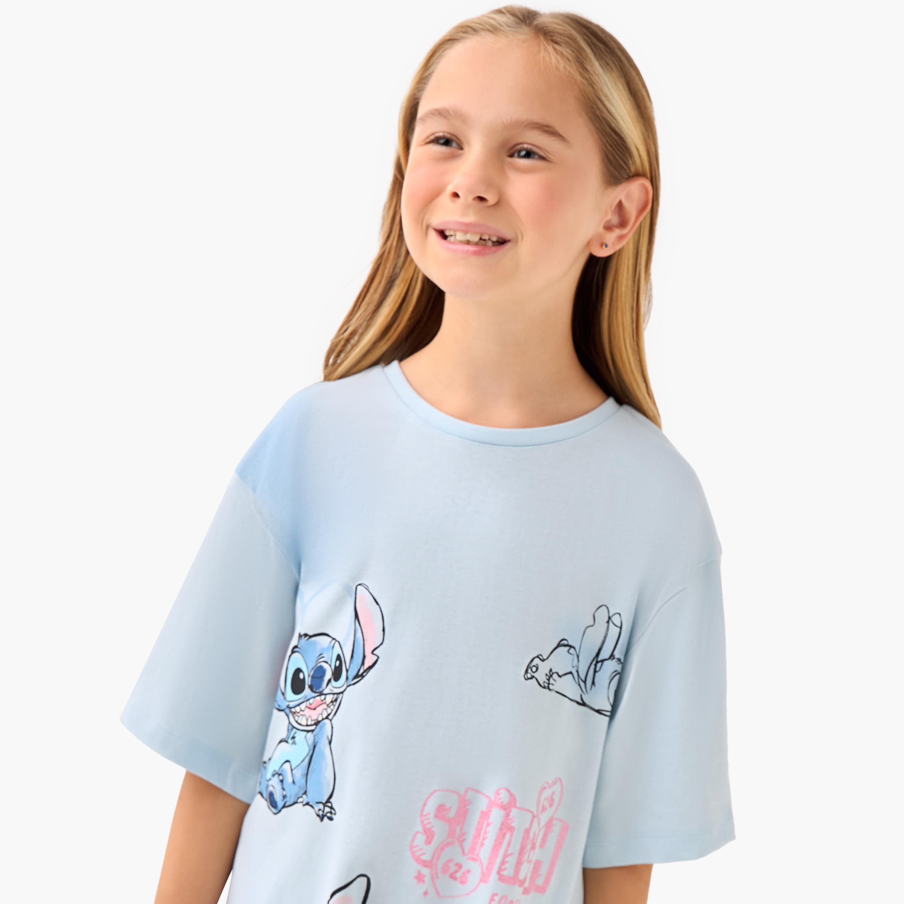 فستان تيشيرت بطبعات ستيتش وطول الركبة وأكمام قصيرة وياقة مستديرة من ديزني-girls-clothing-dressesandjumpsuits-image-2