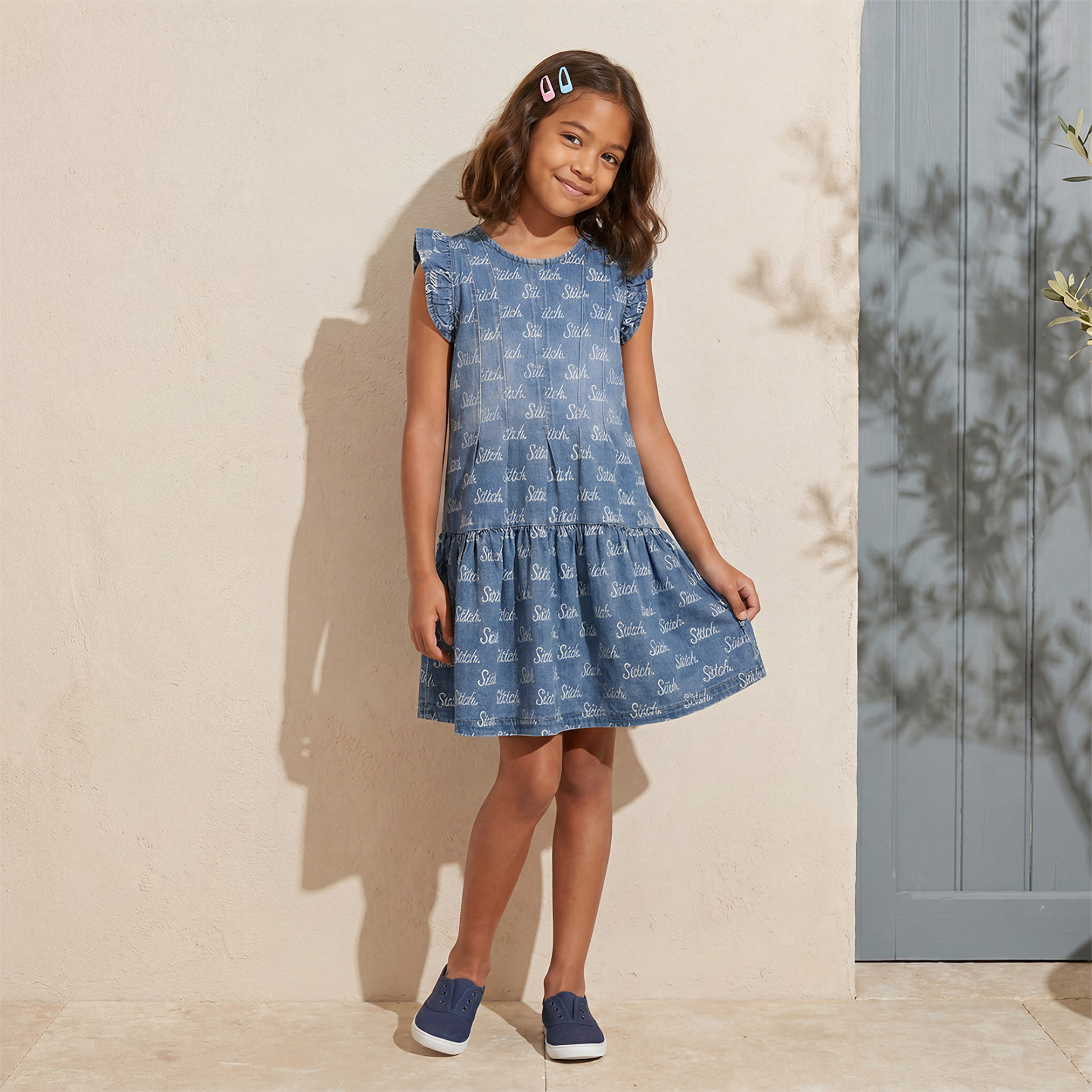Disney Round Neck Cap Sleeves Knee Length Dress with Stitch Print-girls-clothing-dressesandjumpsuits-image-1