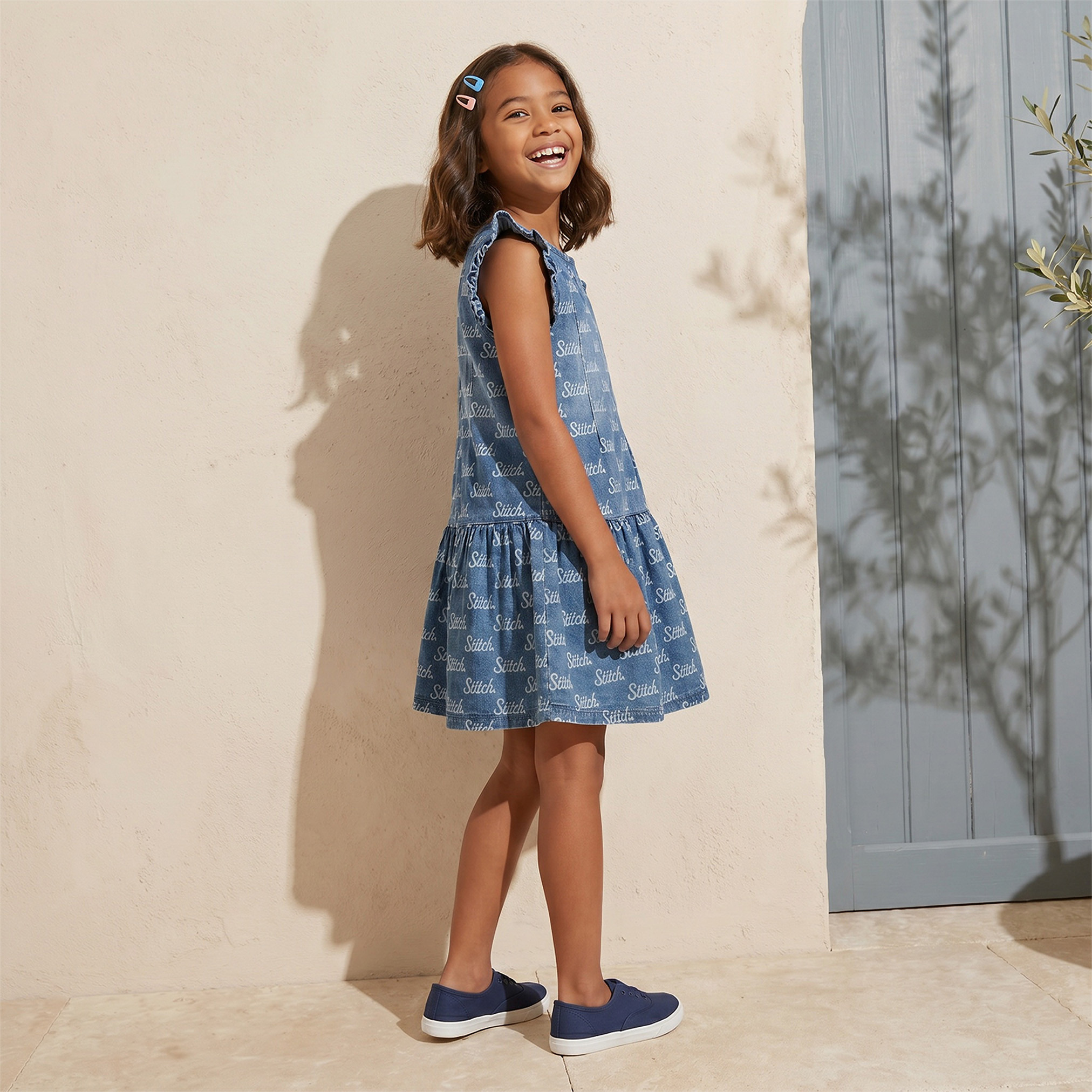 Disney Round Neck Cap Sleeves Knee Length Dress with Stitch Print-girls-clothing-dressesandjumpsuits-image-5