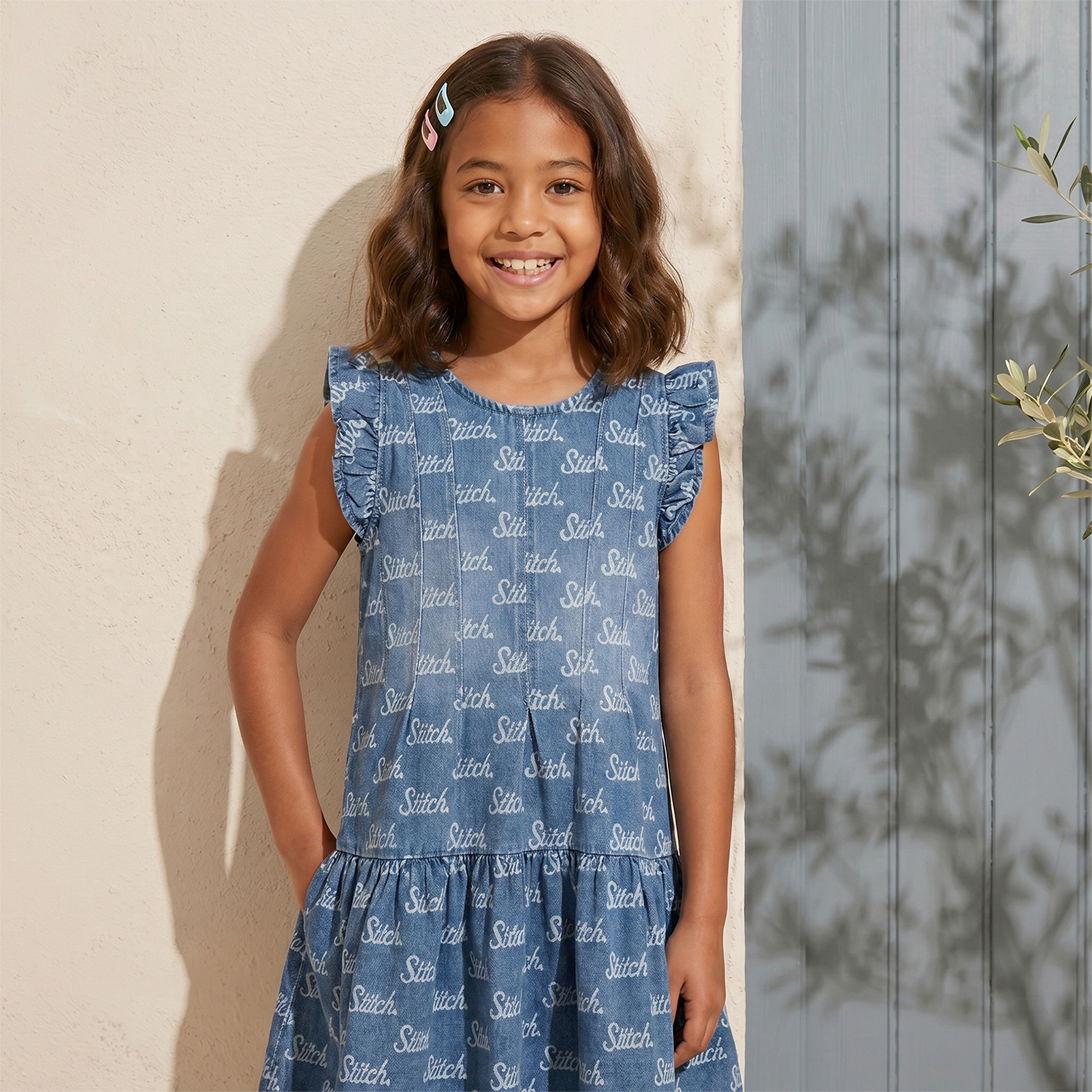Disney Round Neck Cap Sleeves Knee Length Dress with Stitch Print-girls-clothing-dressesandjumpsuits-image-6