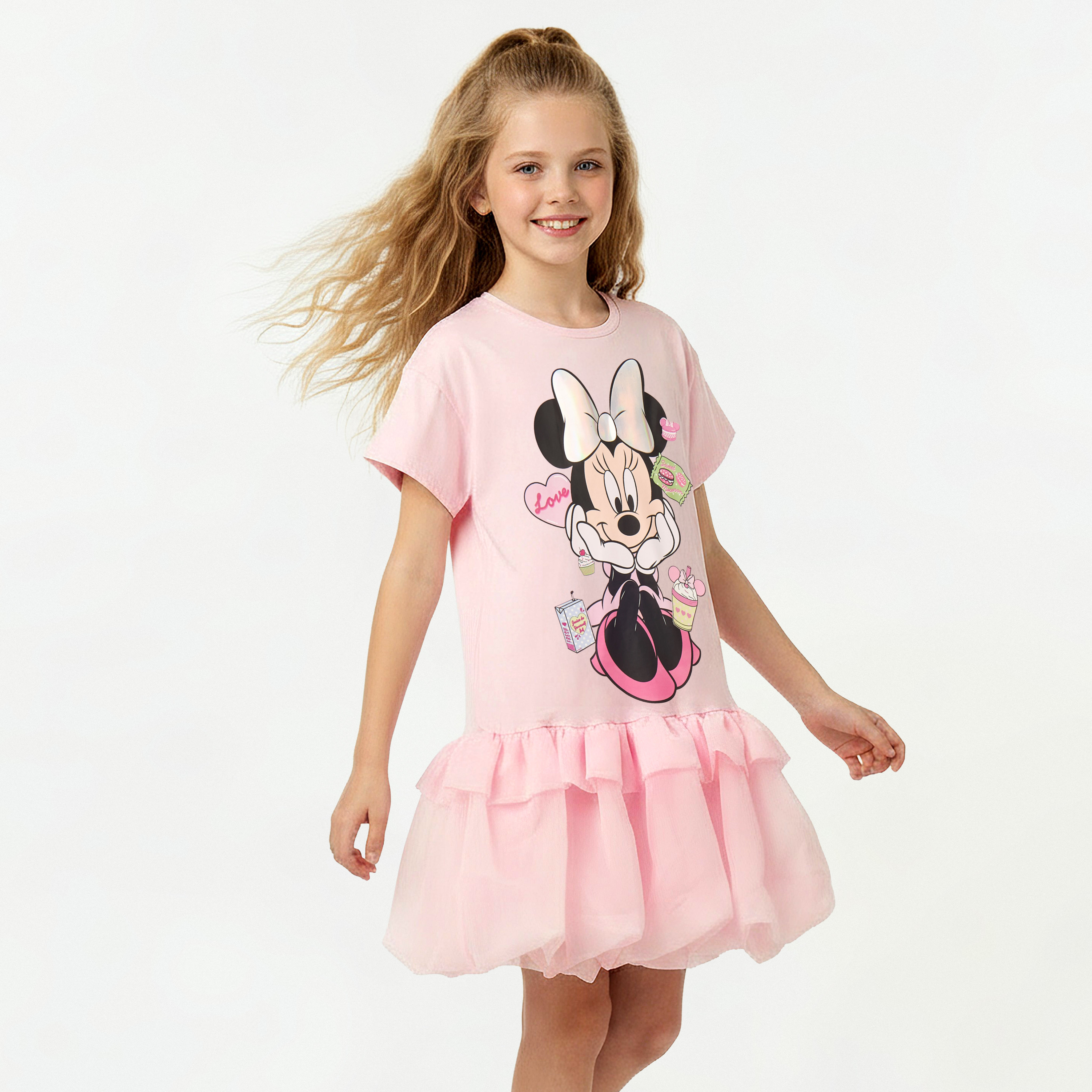 Disney Round Neck Short Sleeves Drop Waist Dress with Minnie Mouse Foil Print-girls-clothing-dressesandjumpsuits-image-1