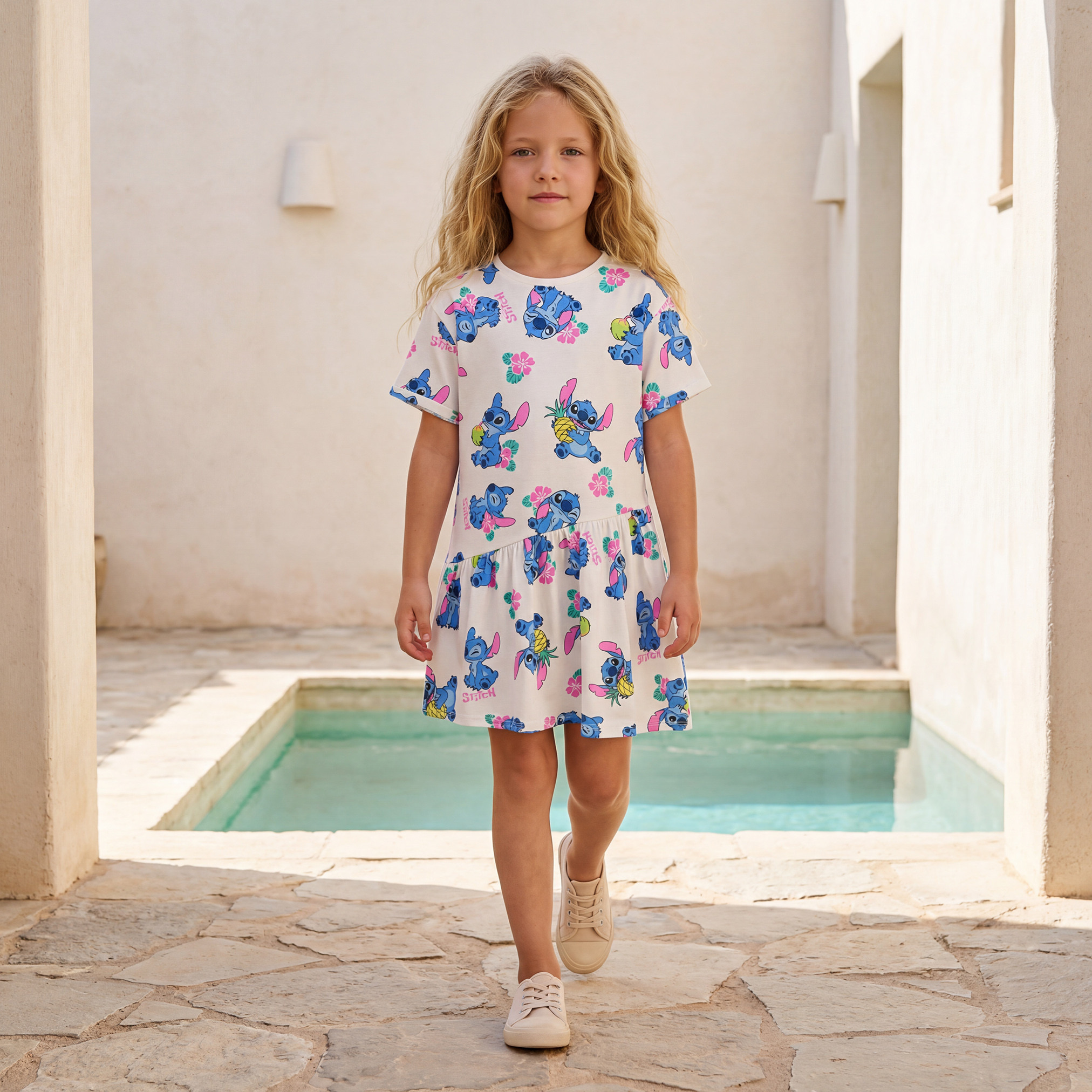 فستان طول الركبة بياقة مستديرة وأكمام قصيرة وطبعات ستيتش من ديزني-girls-clothing-dressesandjumpsuits-image-1