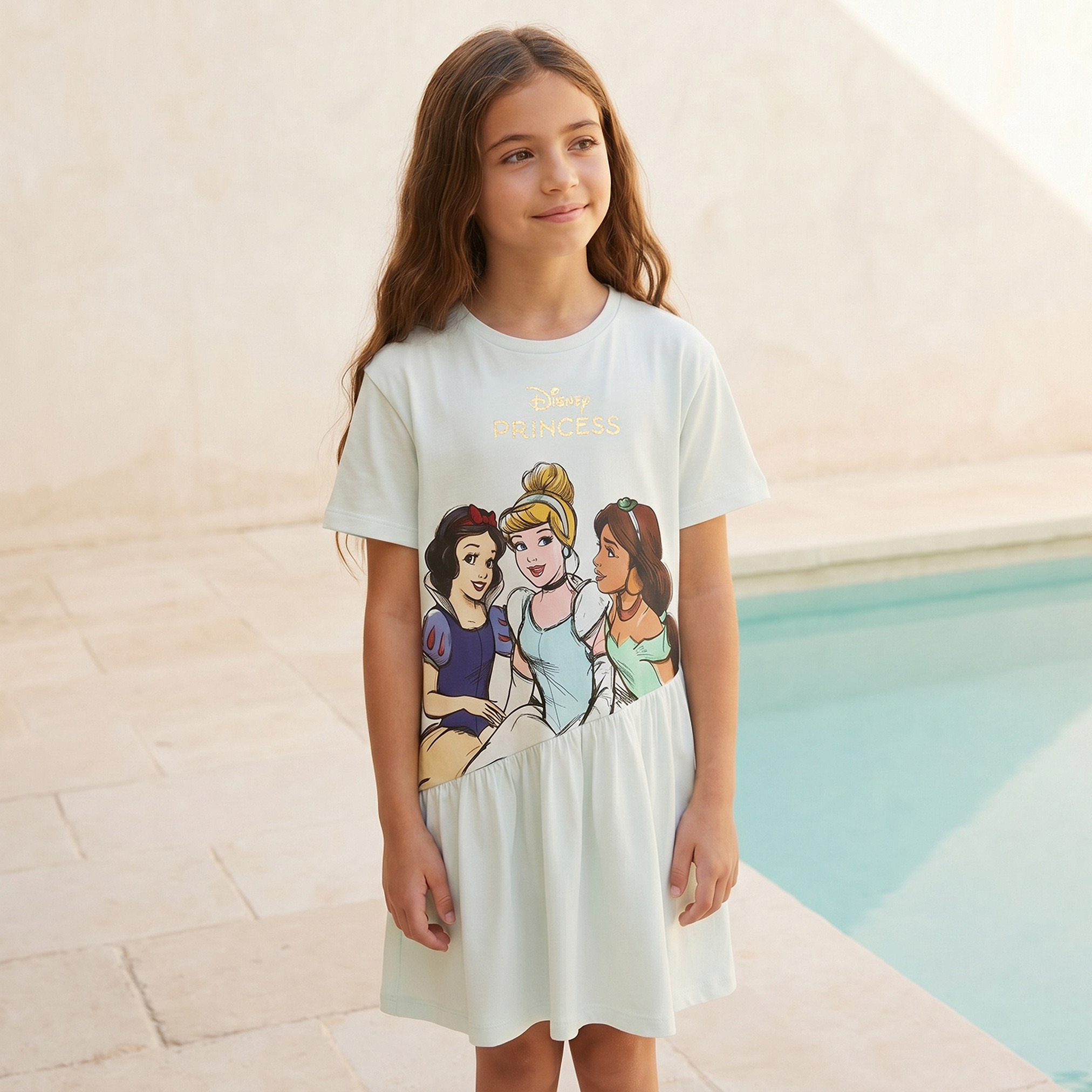 Disney Round Neck Short Sleeves Knee Length A-line Dress with Princess Print-girls-clothing-dressesandjumpsuits-image-1