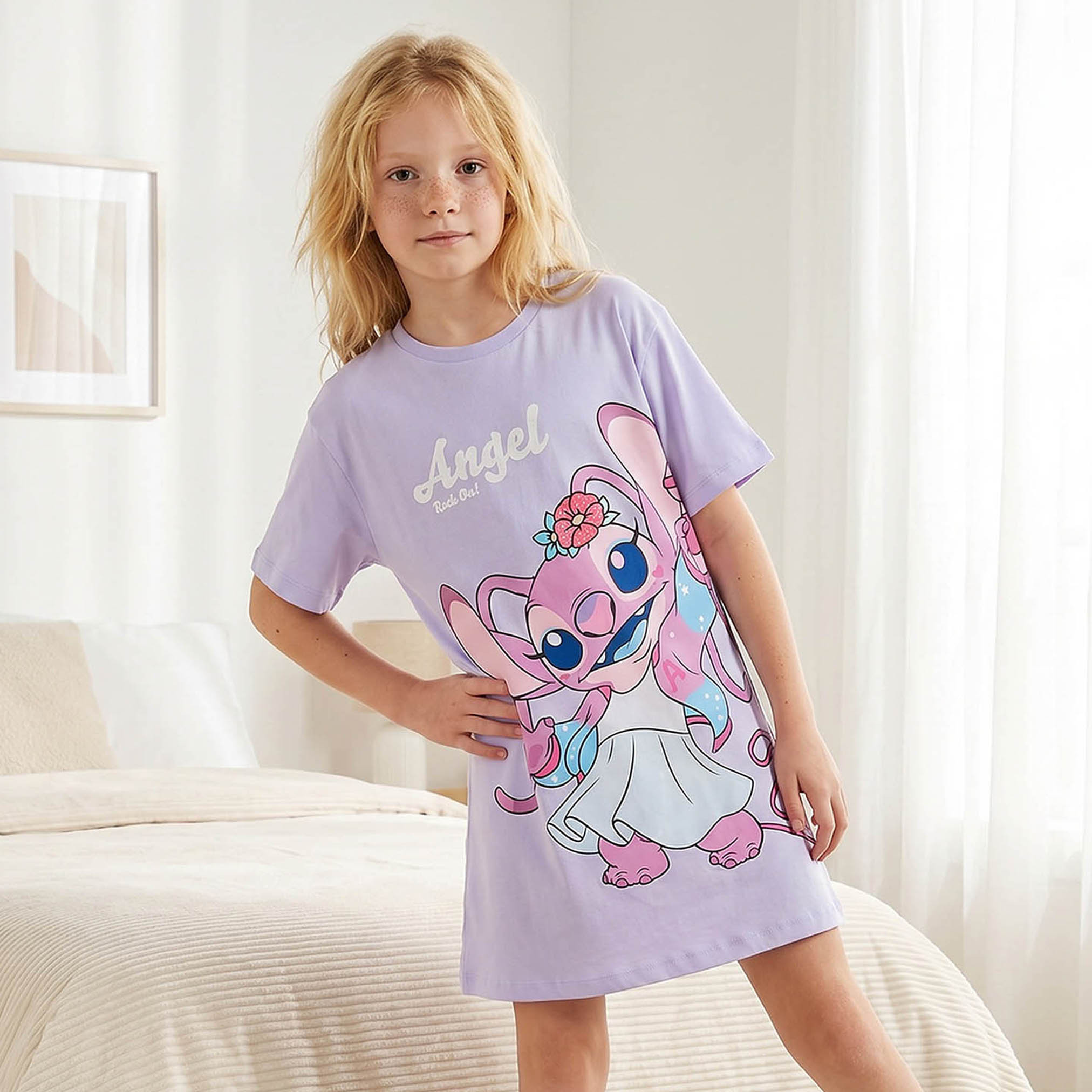 Disney Cotton Round Neck Short Sleeves Shift Dress with Angel Print-girls-clothing-dressesandjumpsuits-image-1