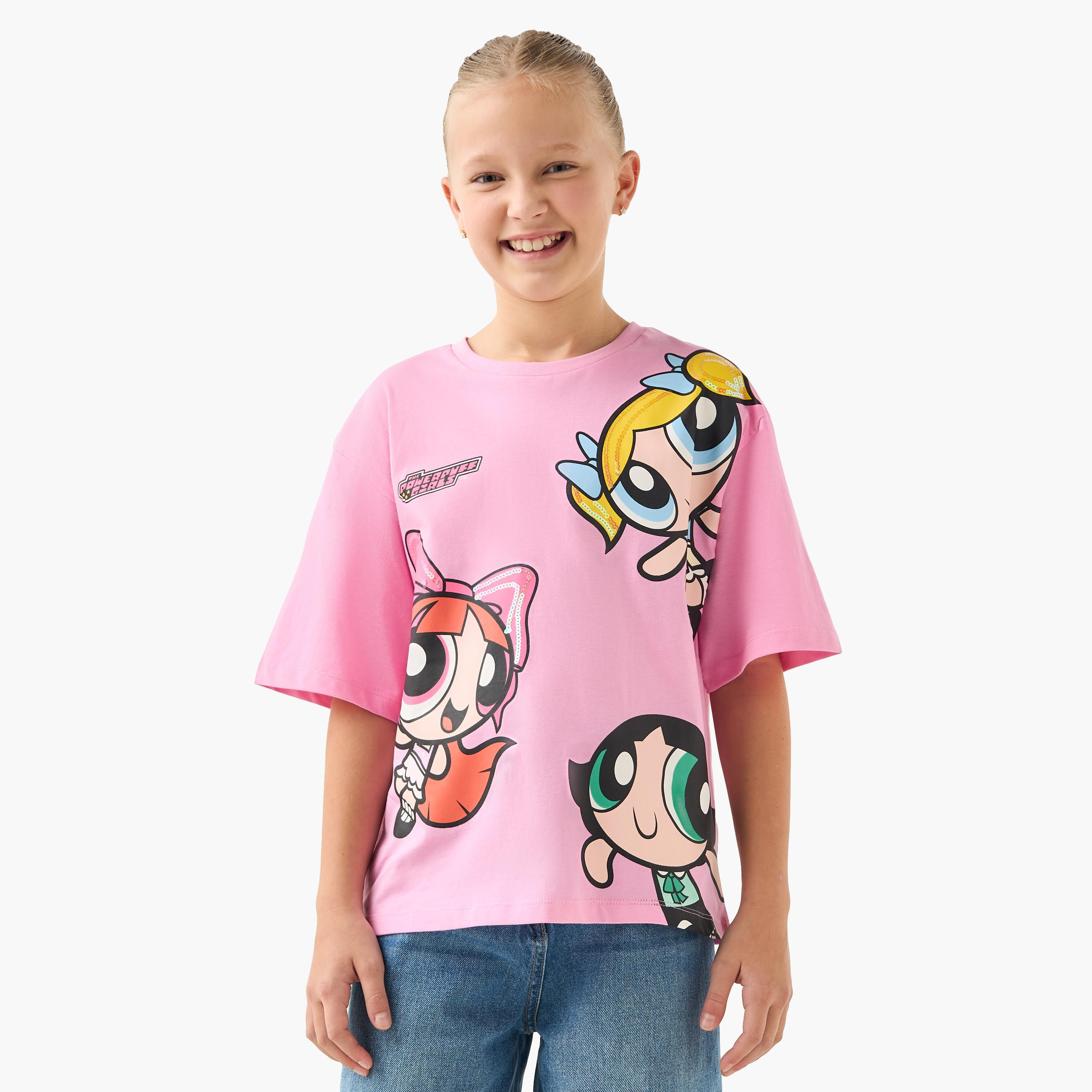 Crew Neck Short Sleeves T-shirt with Powerpuff Girls Sequin Detail-girls-clothing-tshirts-image-1