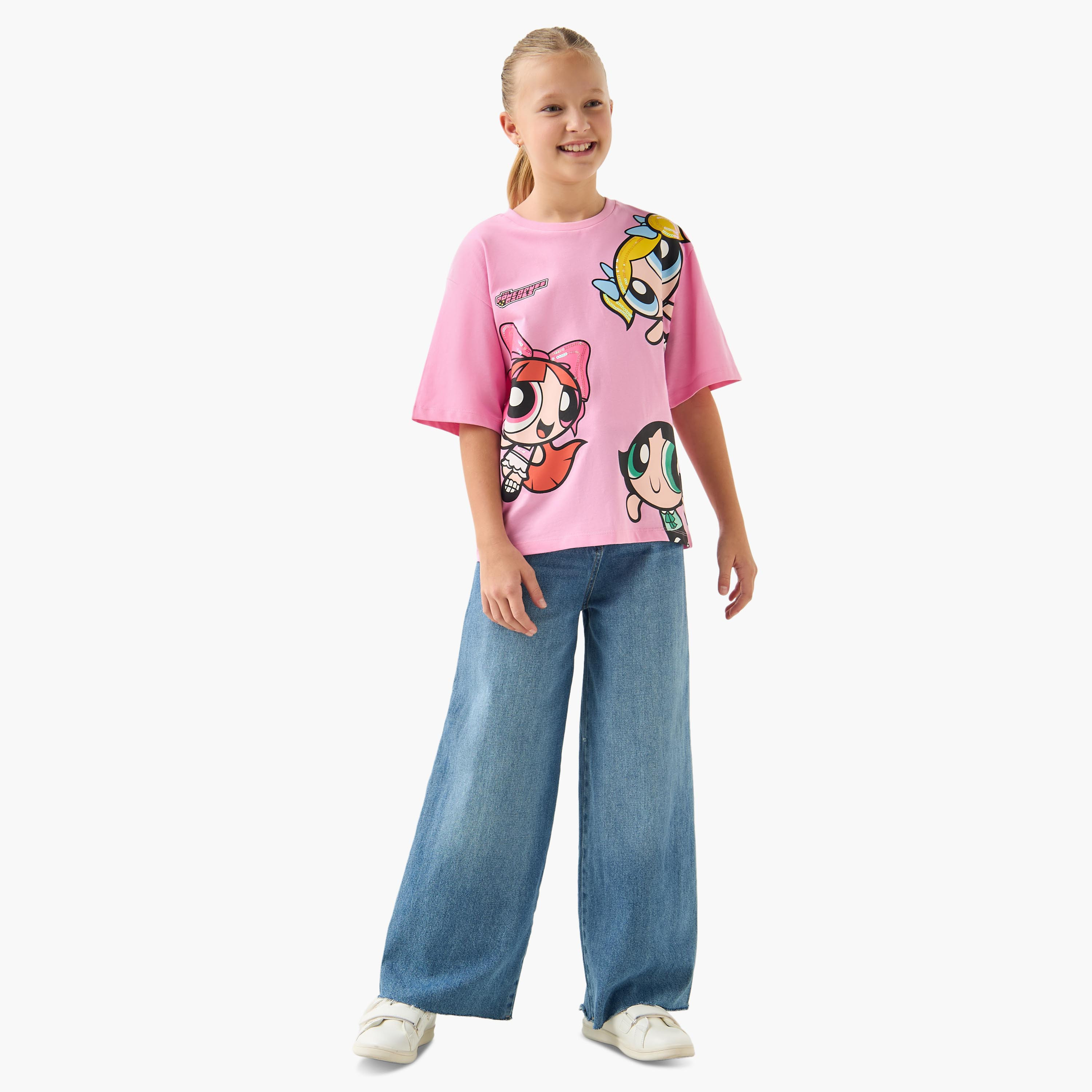 Crew Neck Short Sleeves T-shirt with Powerpuff Girls Sequin Detail-girls-clothing-tshirts-image-2