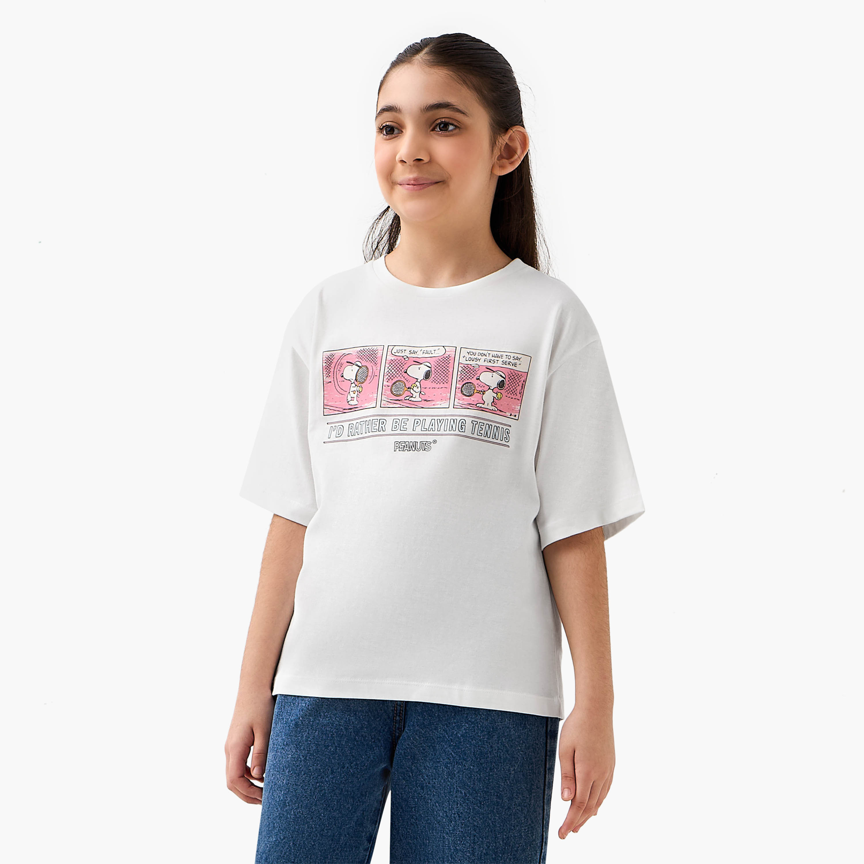 Crew Neck Short Sleeves T-shirt with Snoopy Print-girls-clothing-tshirts-image-1