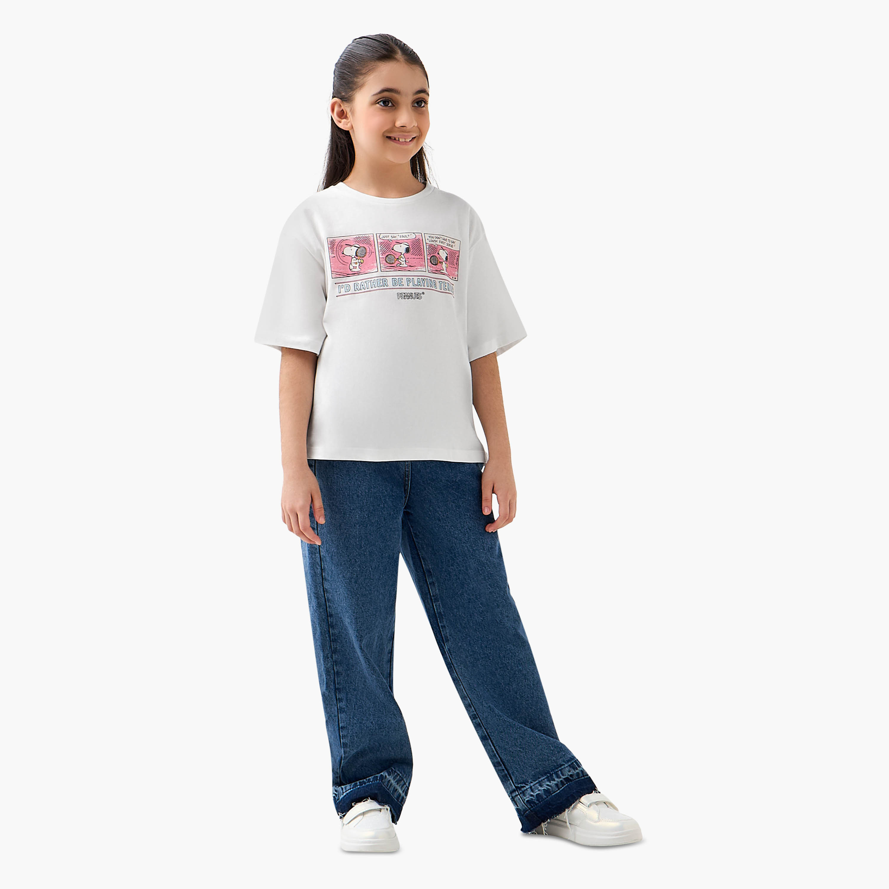 Crew Neck Short Sleeves T-shirt with Snoopy Print-girls-clothing-tshirts-image-2