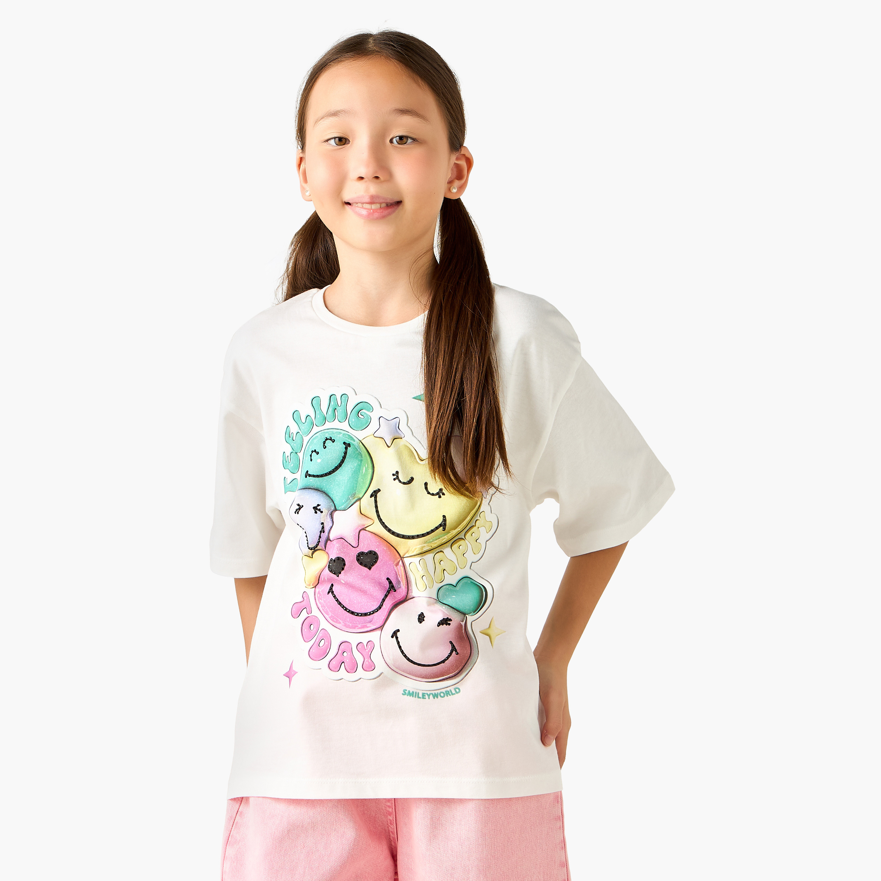 SmileyWorld Crew Neck Short Sleeves T-shirt with Embossed Detail-girls-clothing-tshirts-image-1