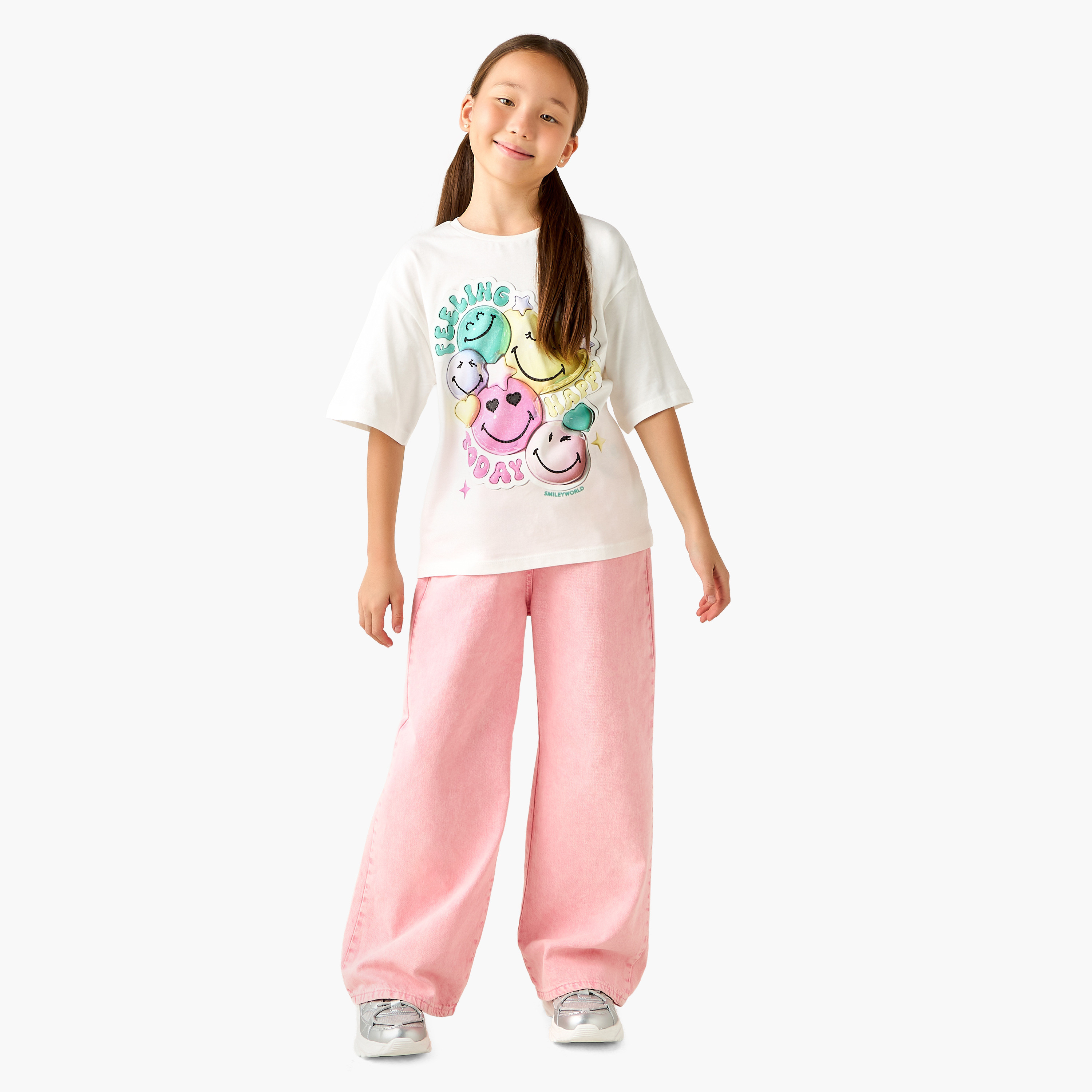 SmileyWorld Crew Neck Short Sleeves T-shirt with Embossed Detail-girls-clothing-tshirts-image-2