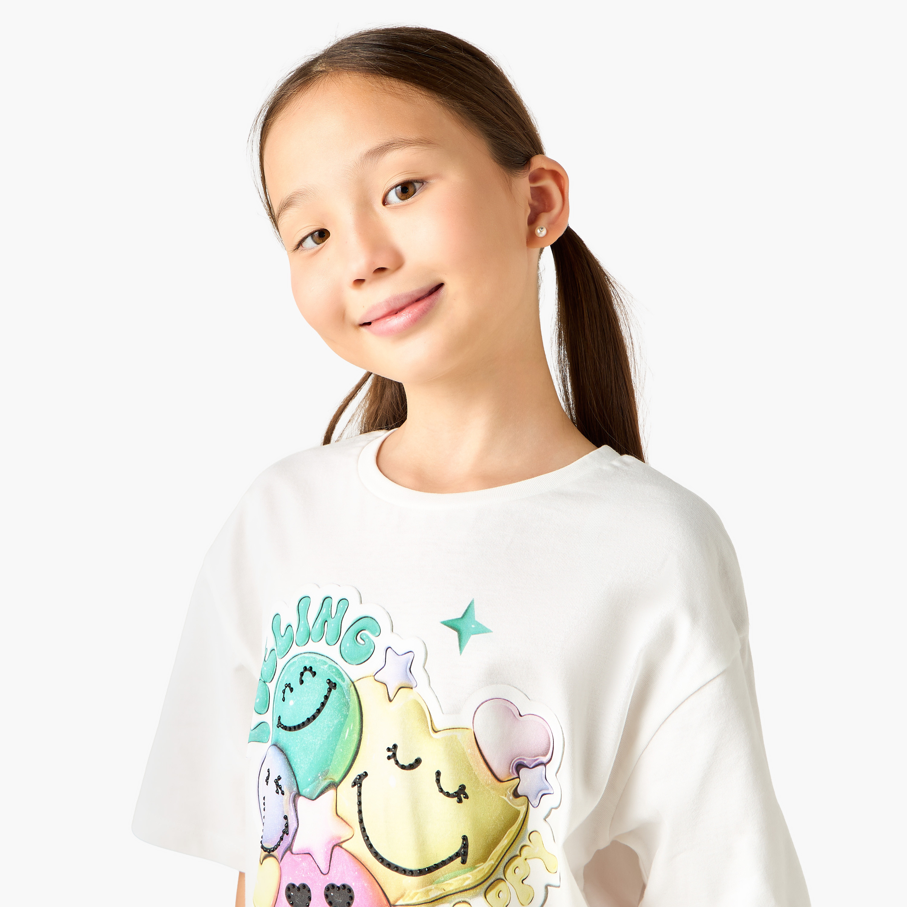 SmileyWorld Crew Neck Short Sleeves T-shirt with Embossed Detail-girls-clothing-tshirts-image-4