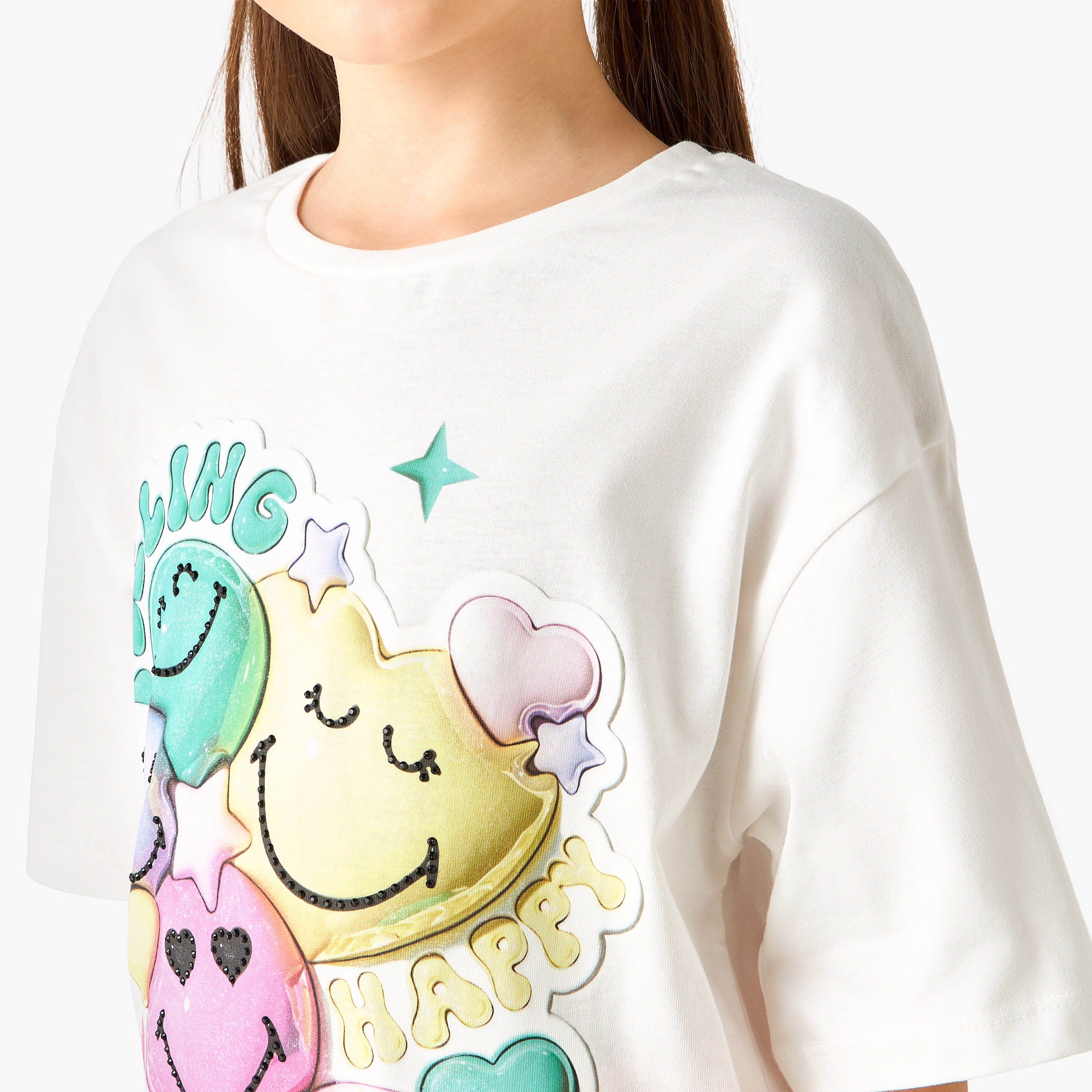 SmileyWorld Crew Neck Short Sleeves T-shirt with Embossed Detail-girls-clothing-tshirts-image-5