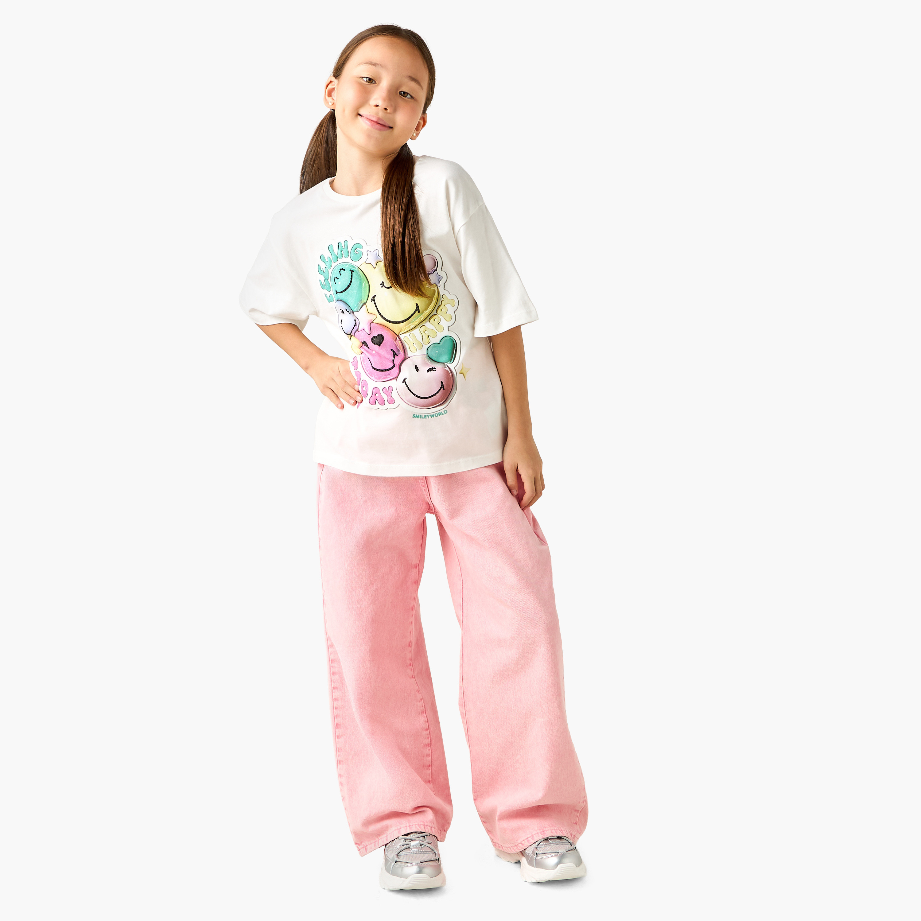 SmileyWorld Crew Neck Short Sleeves T-shirt with Embossed Detail-girls-clothing-tshirts-image-6