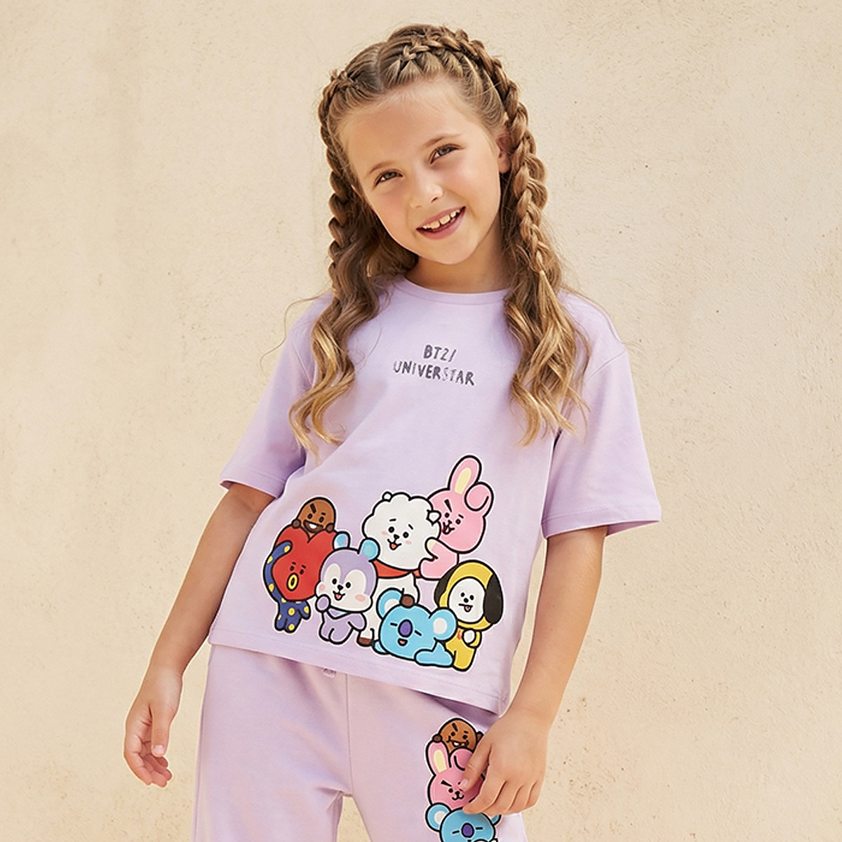 Crew Neck Short Sleeves T-shirt with BT21 Print-girls-clothing-tshirts-image-1