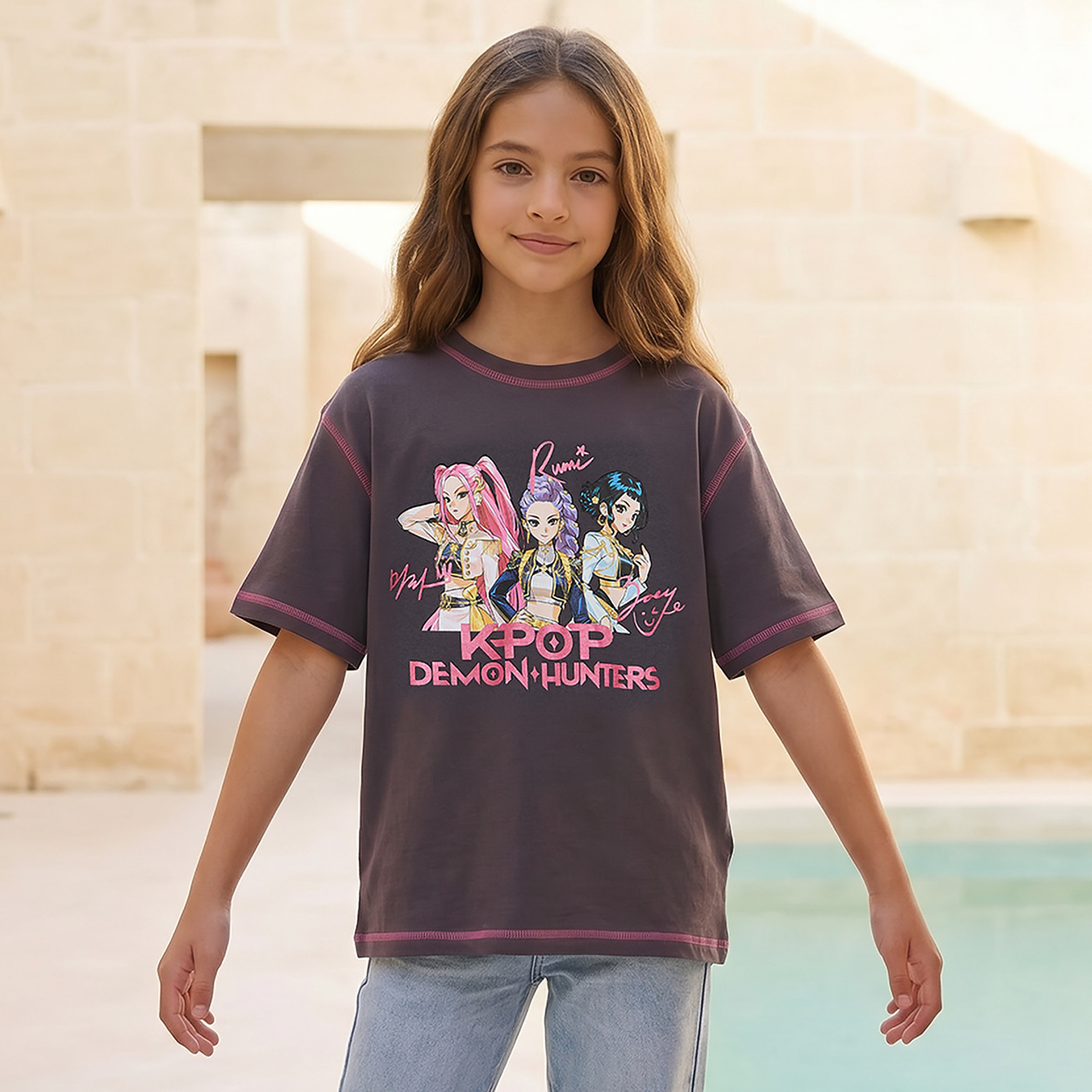 Netflix Round Neck Short Sleeves T-shirt with KPop Demon Hunters Print-girls-clothing-tshirts-image-1
