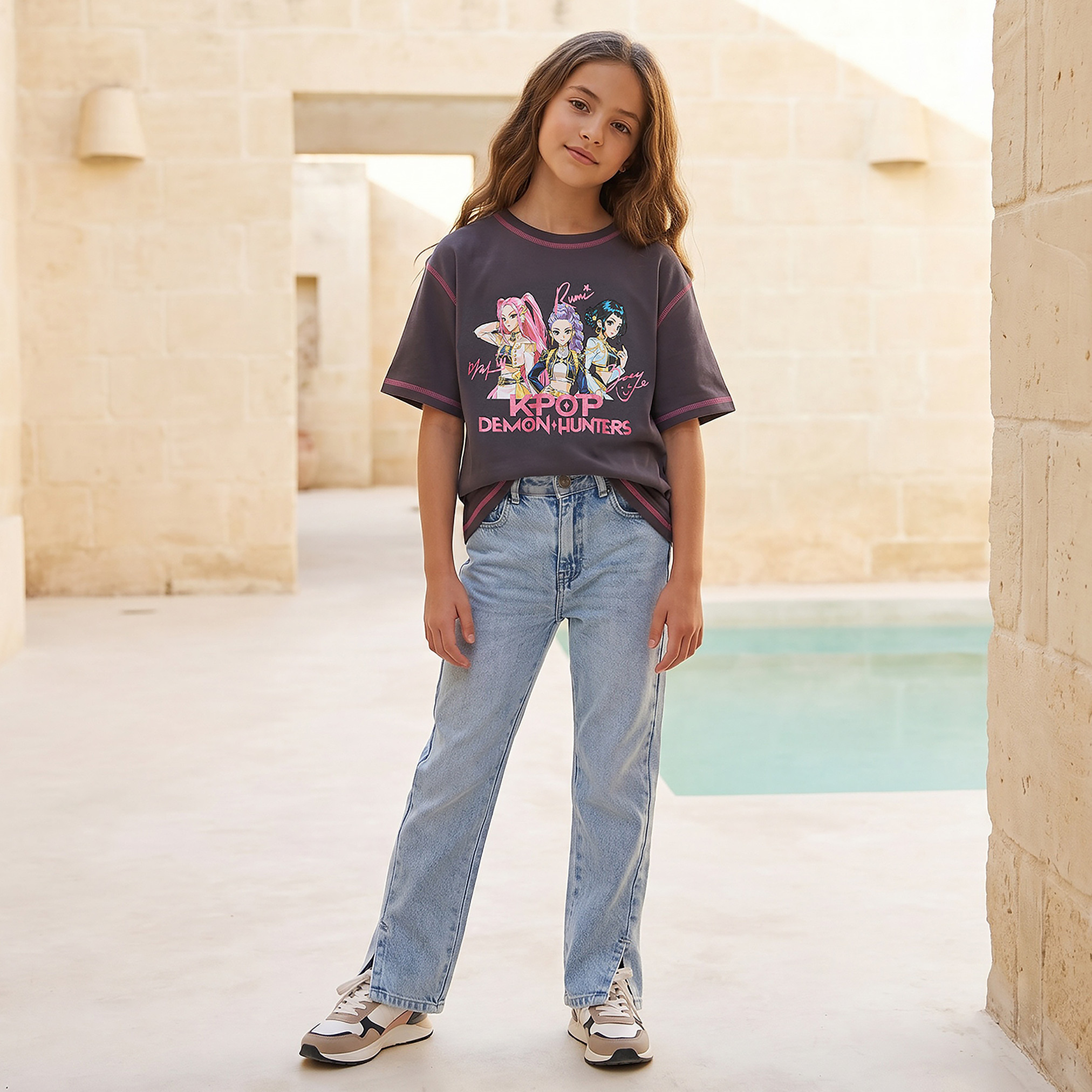 Netflix Round Neck Short Sleeves T-shirt with KPop Demon Hunters Print-girls-clothing-tshirts-image-2