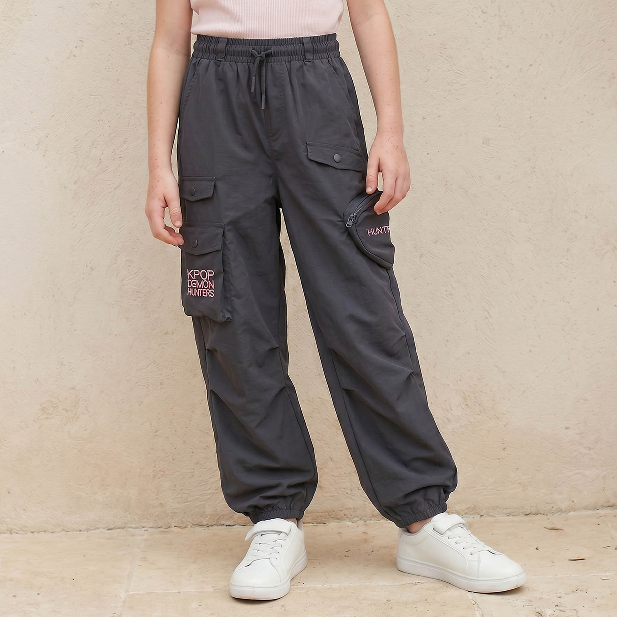 Netflix Cargo Pants with KPop Demon Hunters Embroidery- Elasticated Drawstring-girls-clothing-bottoms-trousers-image-1
