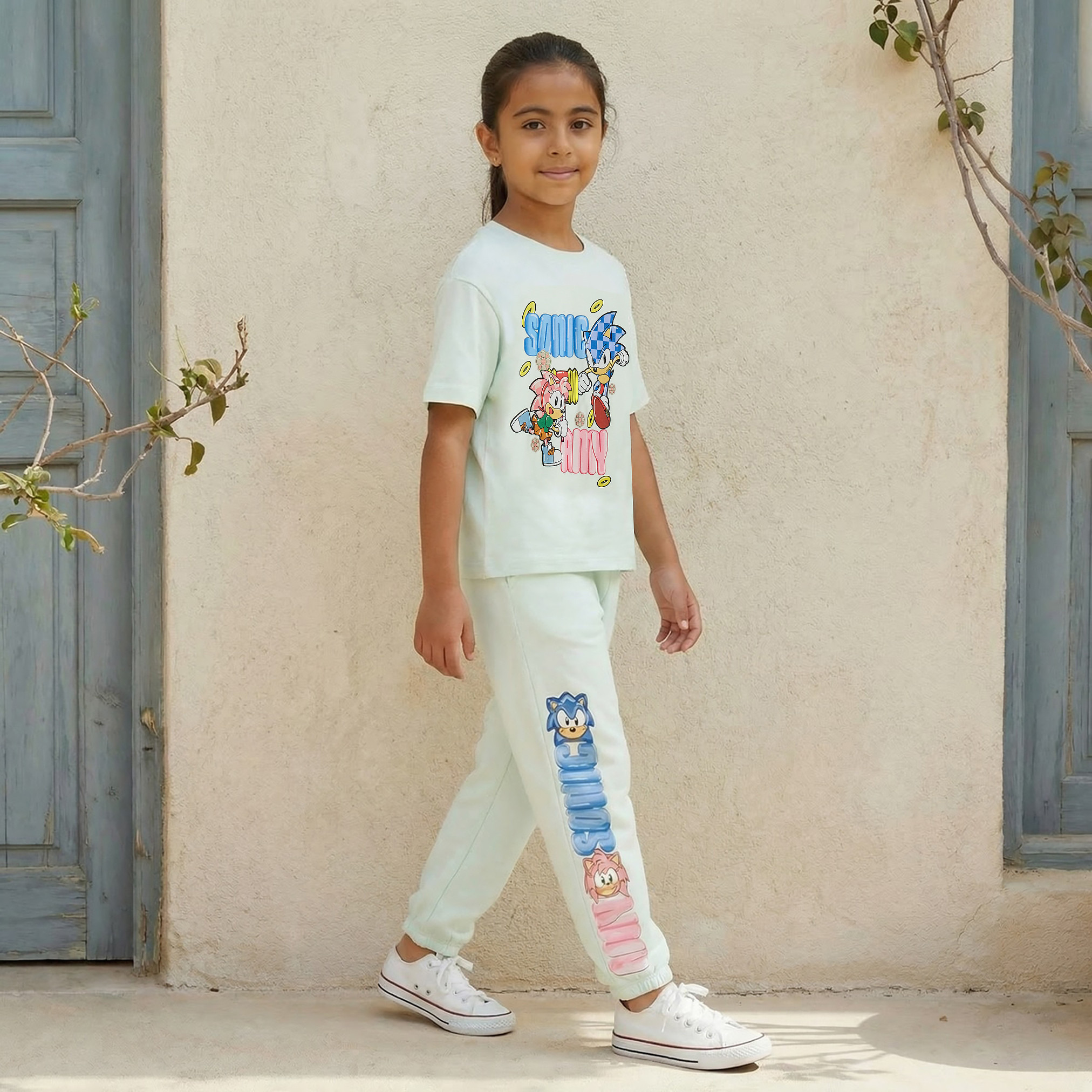 SEGA Elasticated Drawstring Waist Joggers with Sonic and Amy Print-girls-clothing-bottoms-joggersandtrackpants-image-2