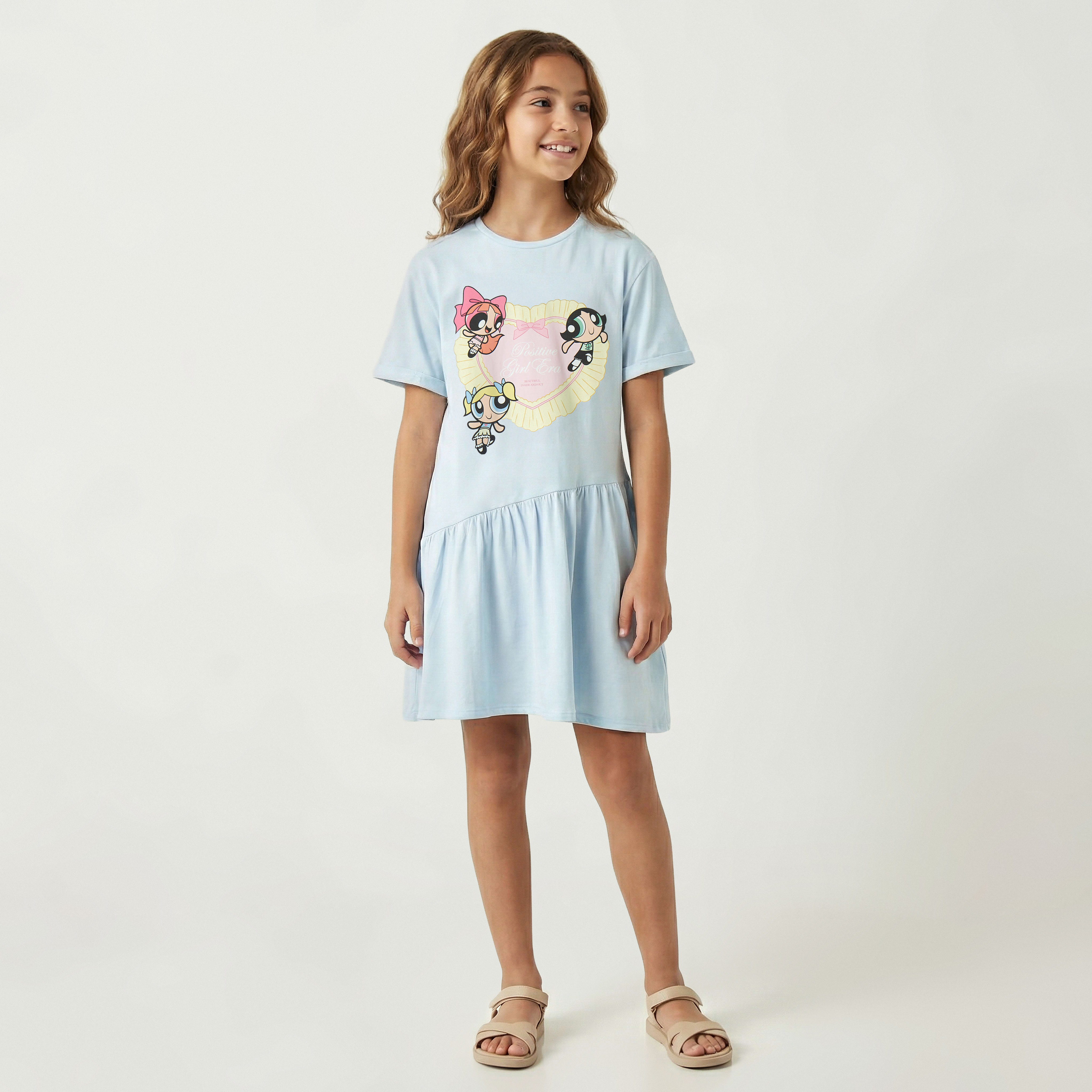 فستان بياقة مستديرة وأكمام قصيرة وطبعات فتيات القوة-girls-clothing-dressesandjumpsuits-image-1