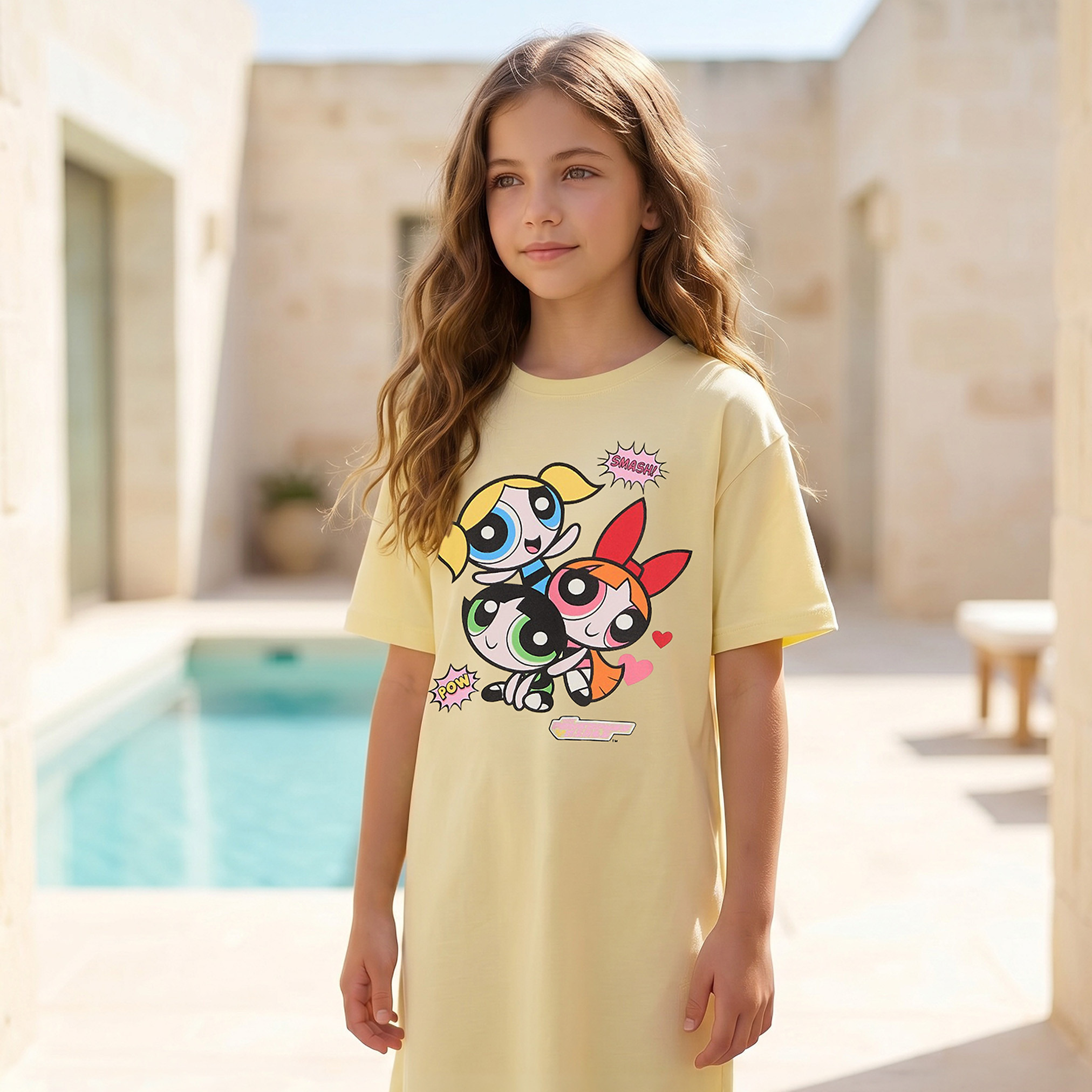 Round Neck Short Sleeves Knee Length T-shirt Dress with Powerpuff Girls Print-girls-clothing-dressesandjumpsuits-image-1