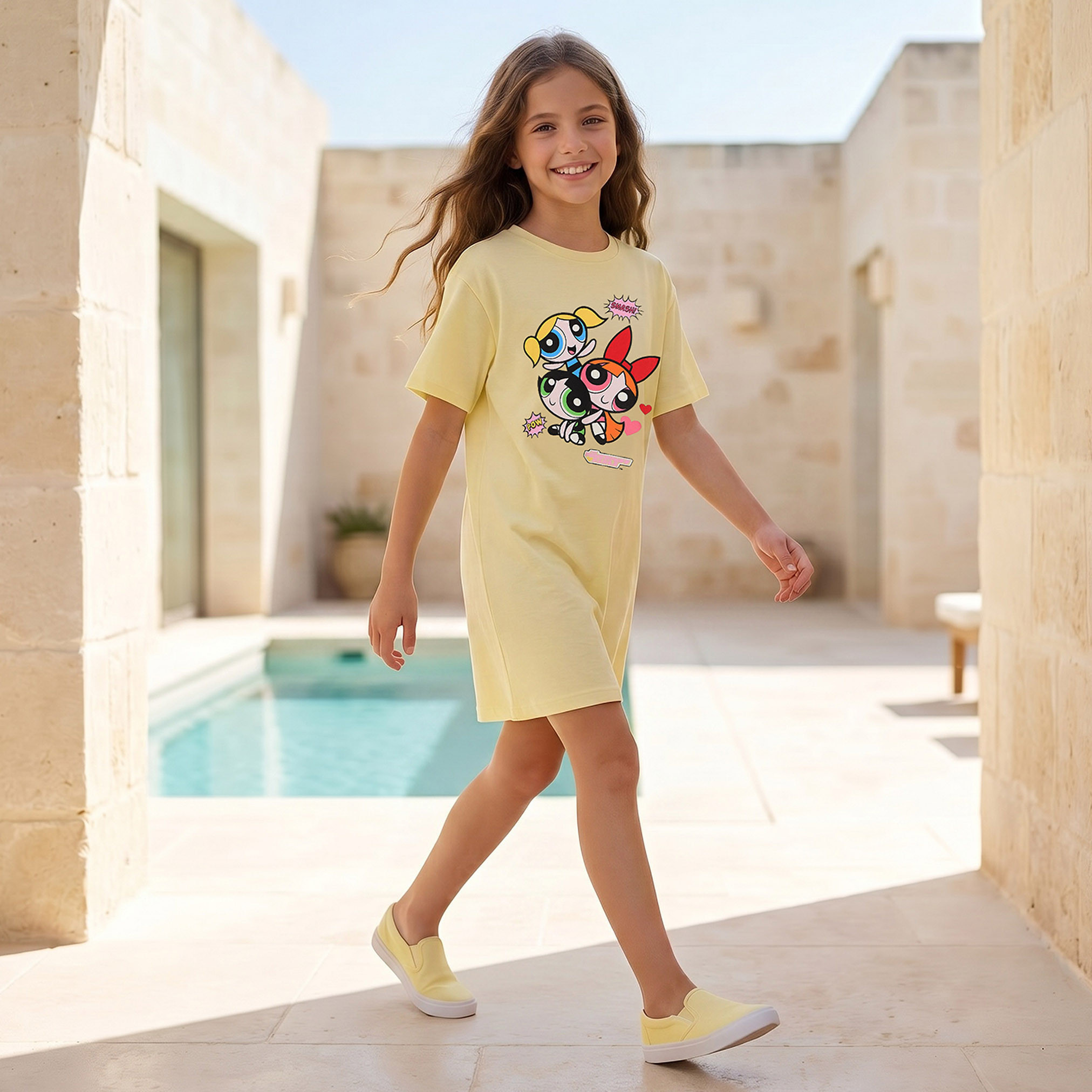 Round Neck Short Sleeves Knee Length T-shirt Dress with Powerpuff Girls Print-girls-clothing-dressesandjumpsuits-image-2
