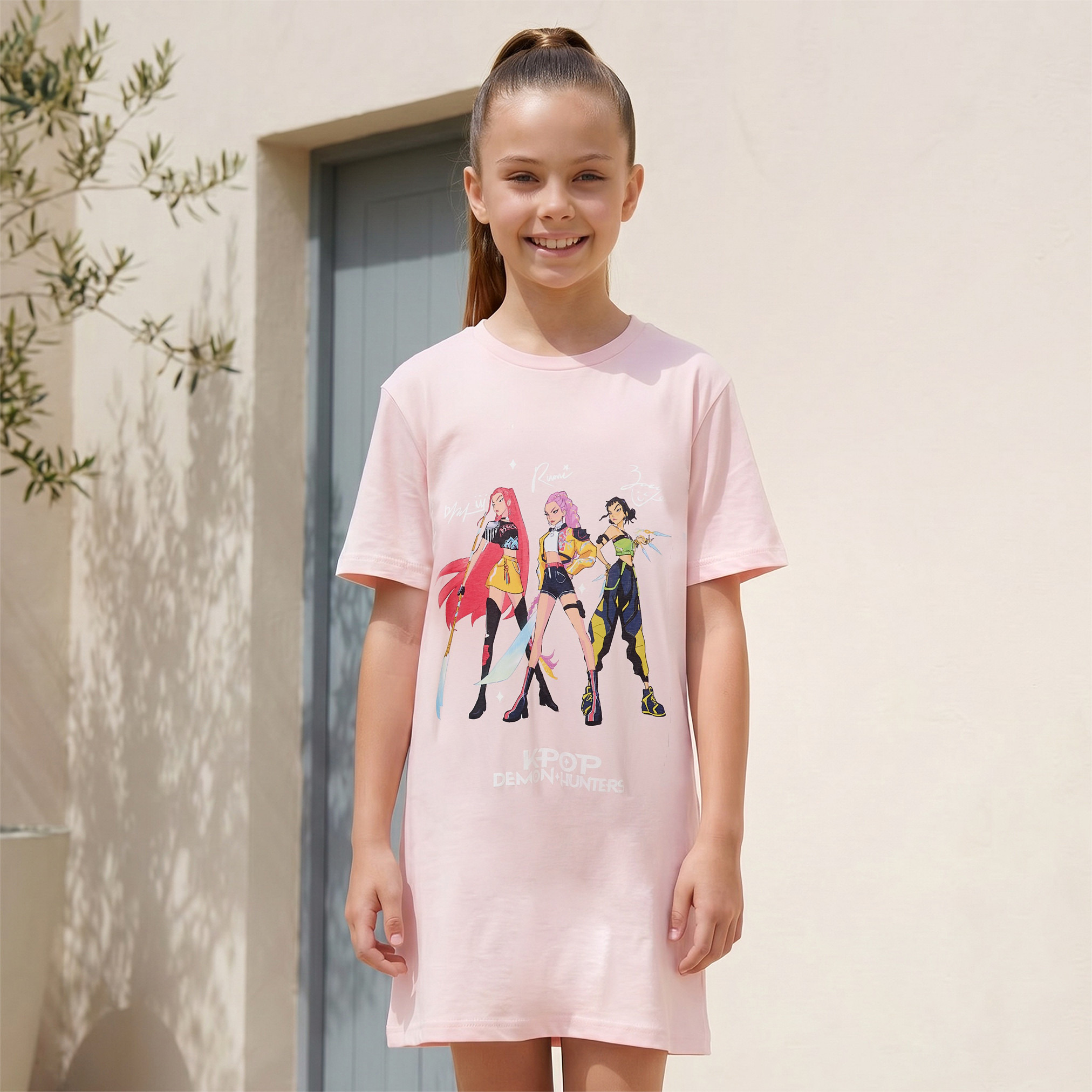 Netflix Round Neck Short Sleeves Knee Length Shift Dress with K-Pop Demon Hunters Print-girls-clothing-dressesandjumpsuits-image-1