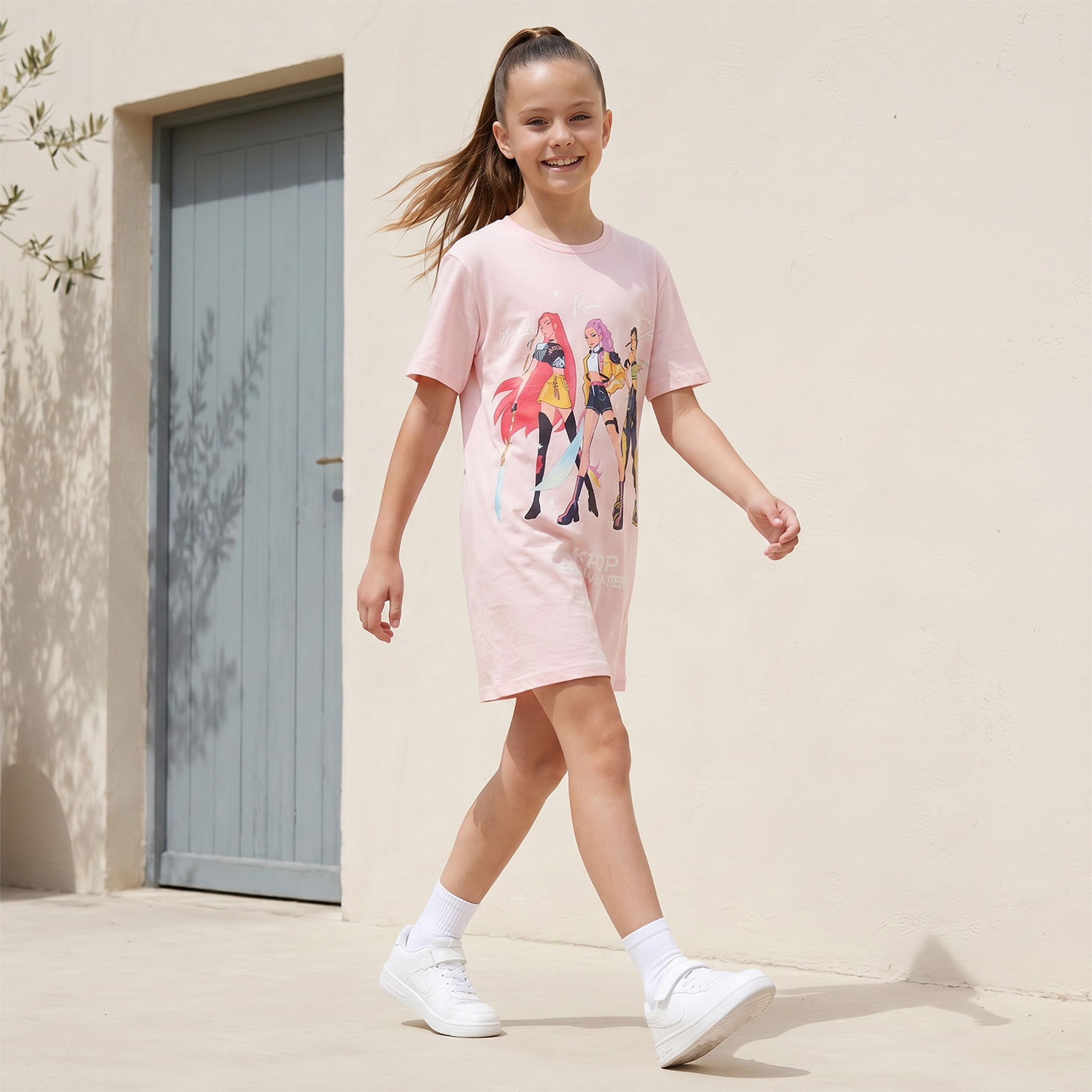 Netflix Round Neck Short Sleeves Knee Length Shift Dress with K-Pop Demon Hunters Print-girls-clothing-dressesandjumpsuits-image-2