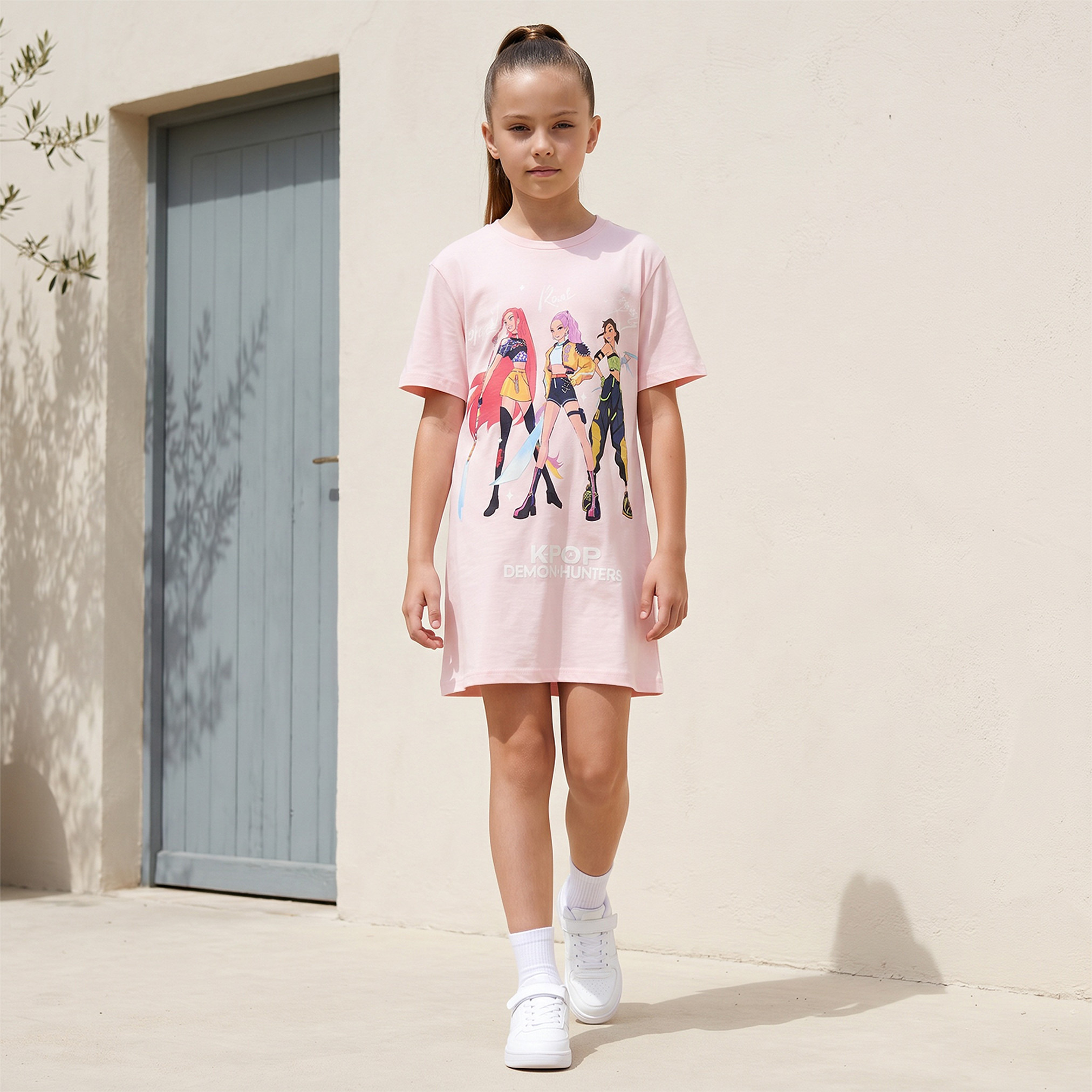 Netflix Round Neck Short Sleeves Knee Length Shift Dress with K-Pop Demon Hunters Print-girls-clothing-dressesandjumpsuits-image-5