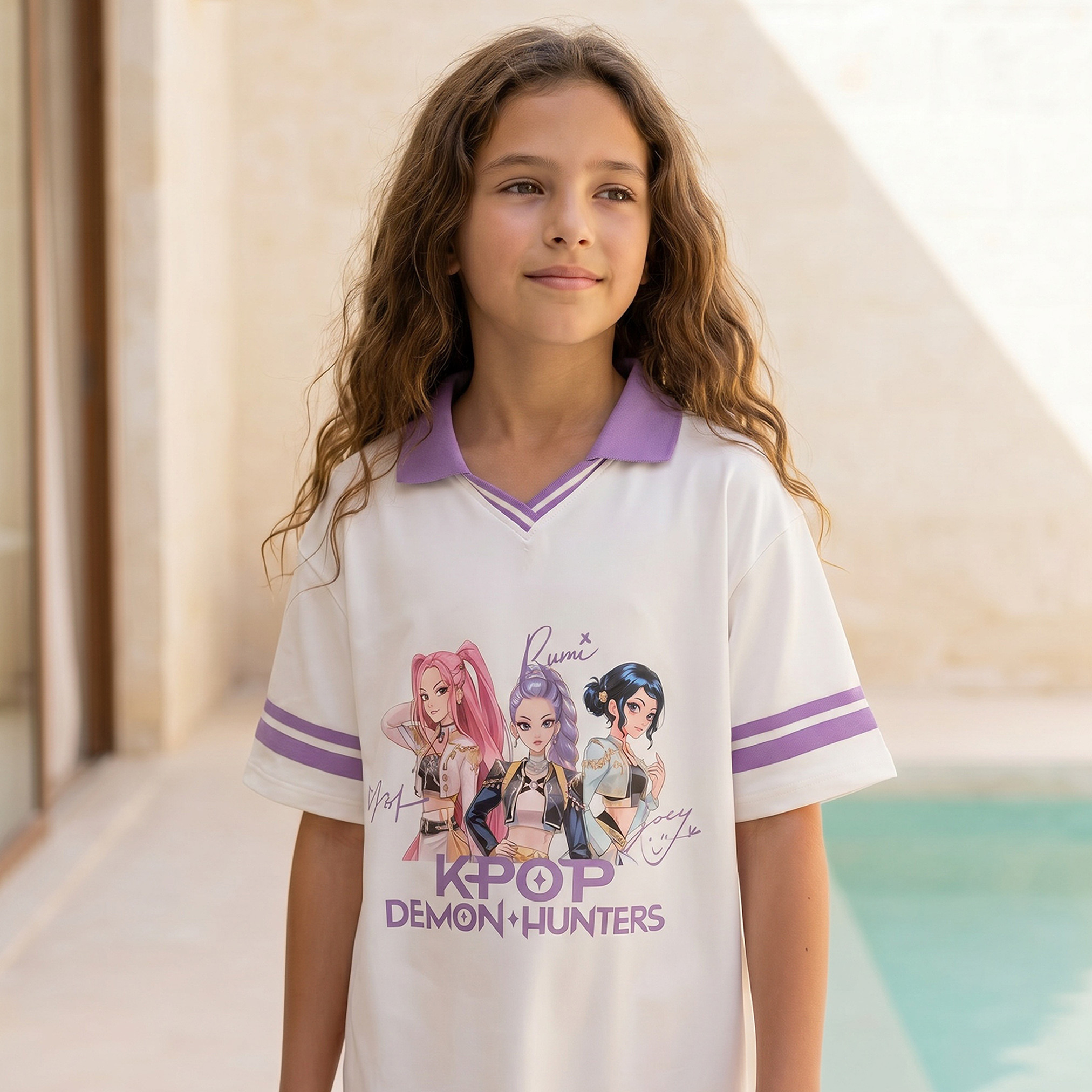 Netflix Collared Short Sleeves Knee Length T-shirt Dress with KPop Demon Hunters Print-girls-clothing-dressesandjumpsuits-image-6